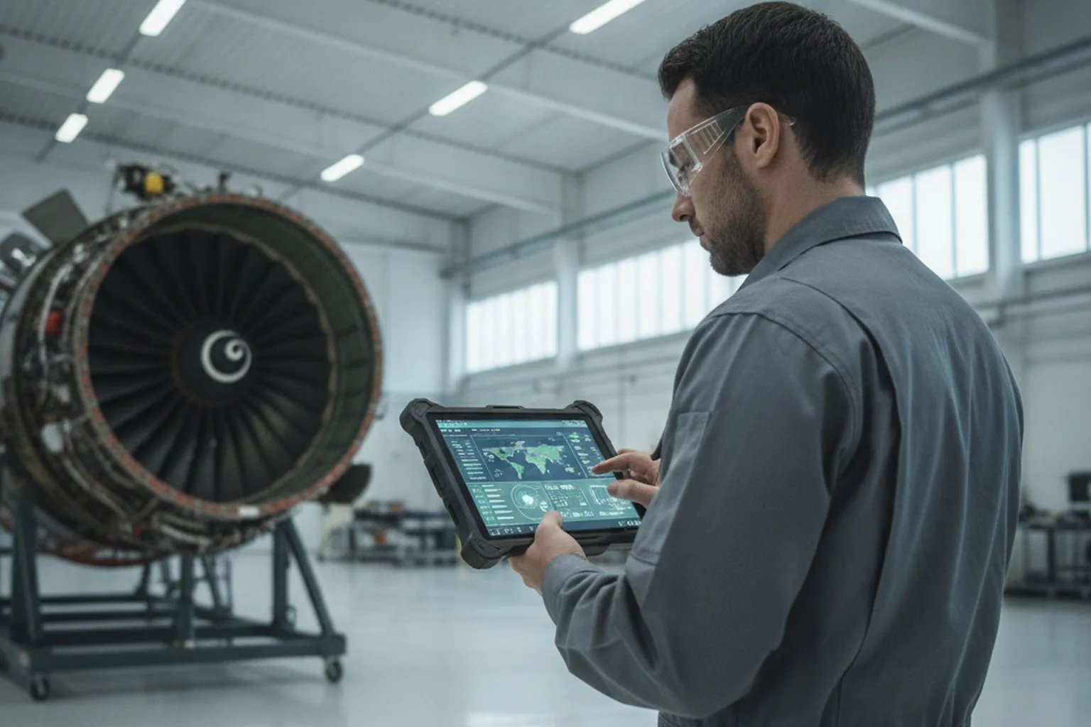 Aviation maintenance engineer using tablet software beside a commercial aircraft in a hangar
