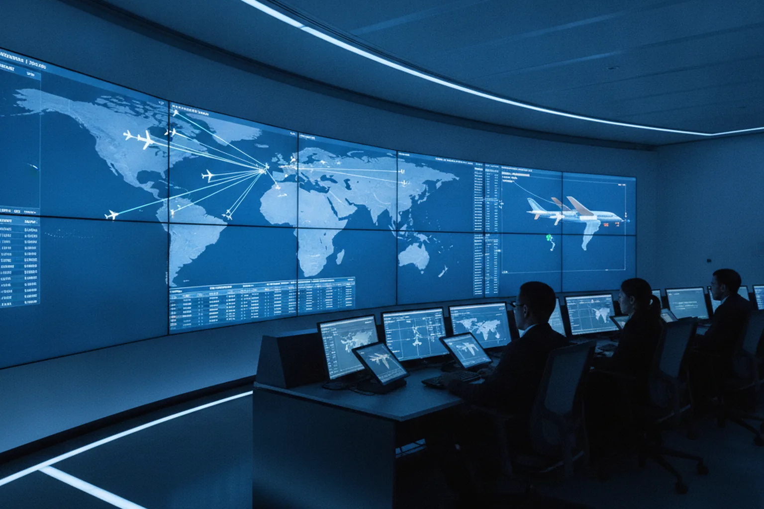 Airport operations control room running real-time aviation software dashboards