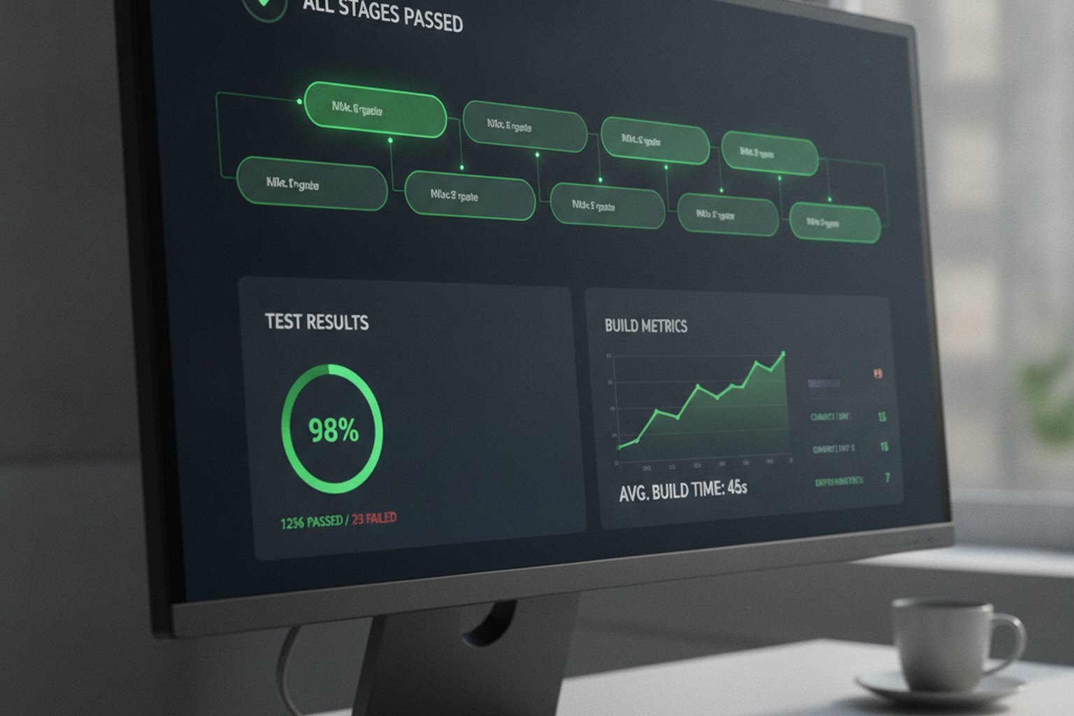 A CI/CD pipeline dashboard showing all stages passed and test results, illustrating where AI code review and test generation run in the pipeline