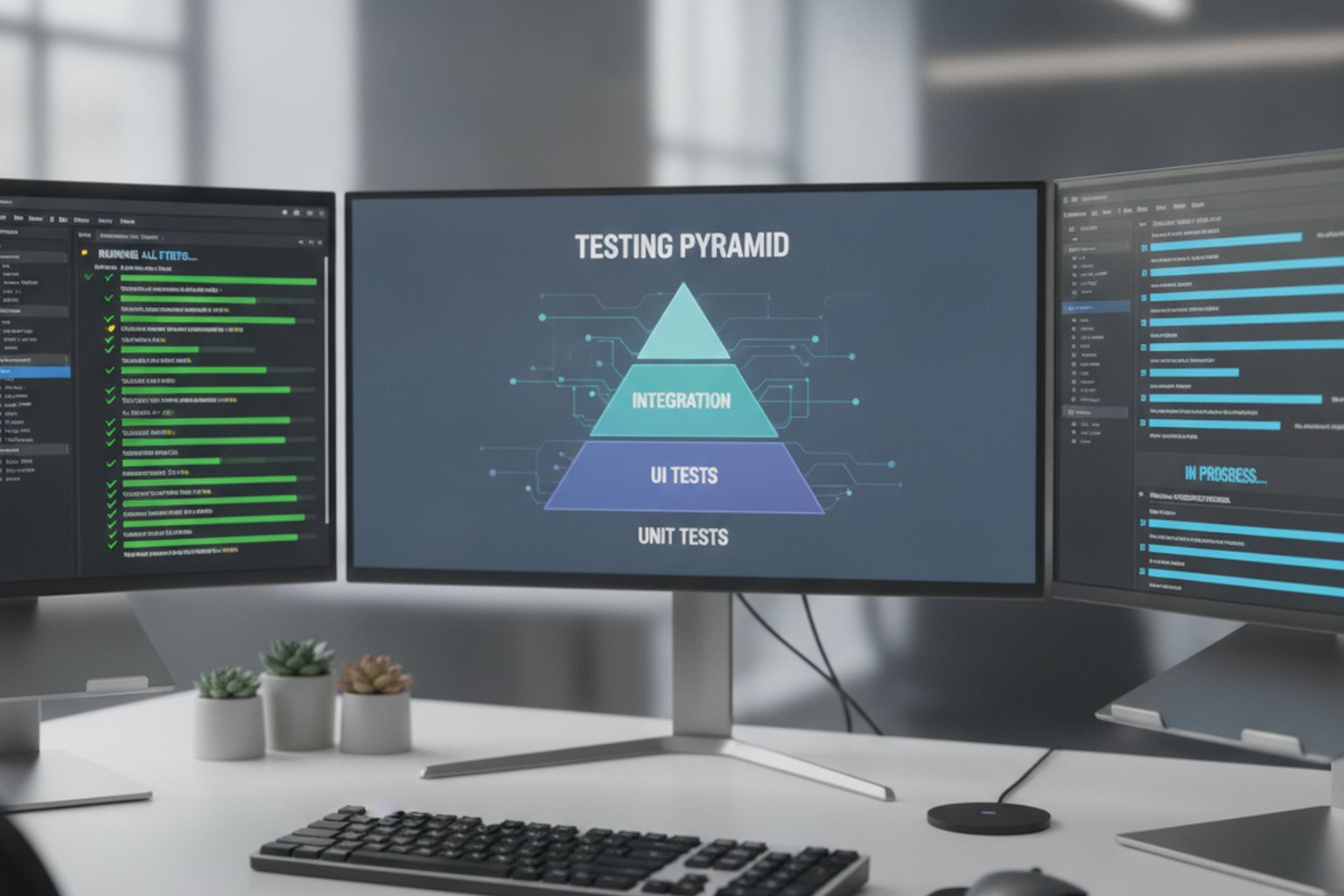 A developer workstation running an automated test suite with a testing pyramid diagram of unit, integration and UI tests and a live test run in progress