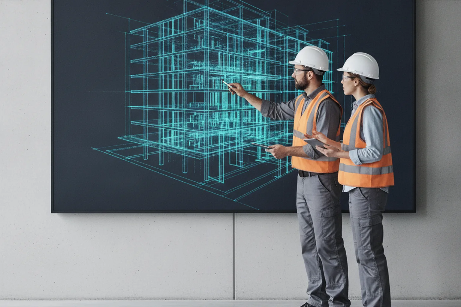 Engineers reviewing a 3D BIM model of a building
