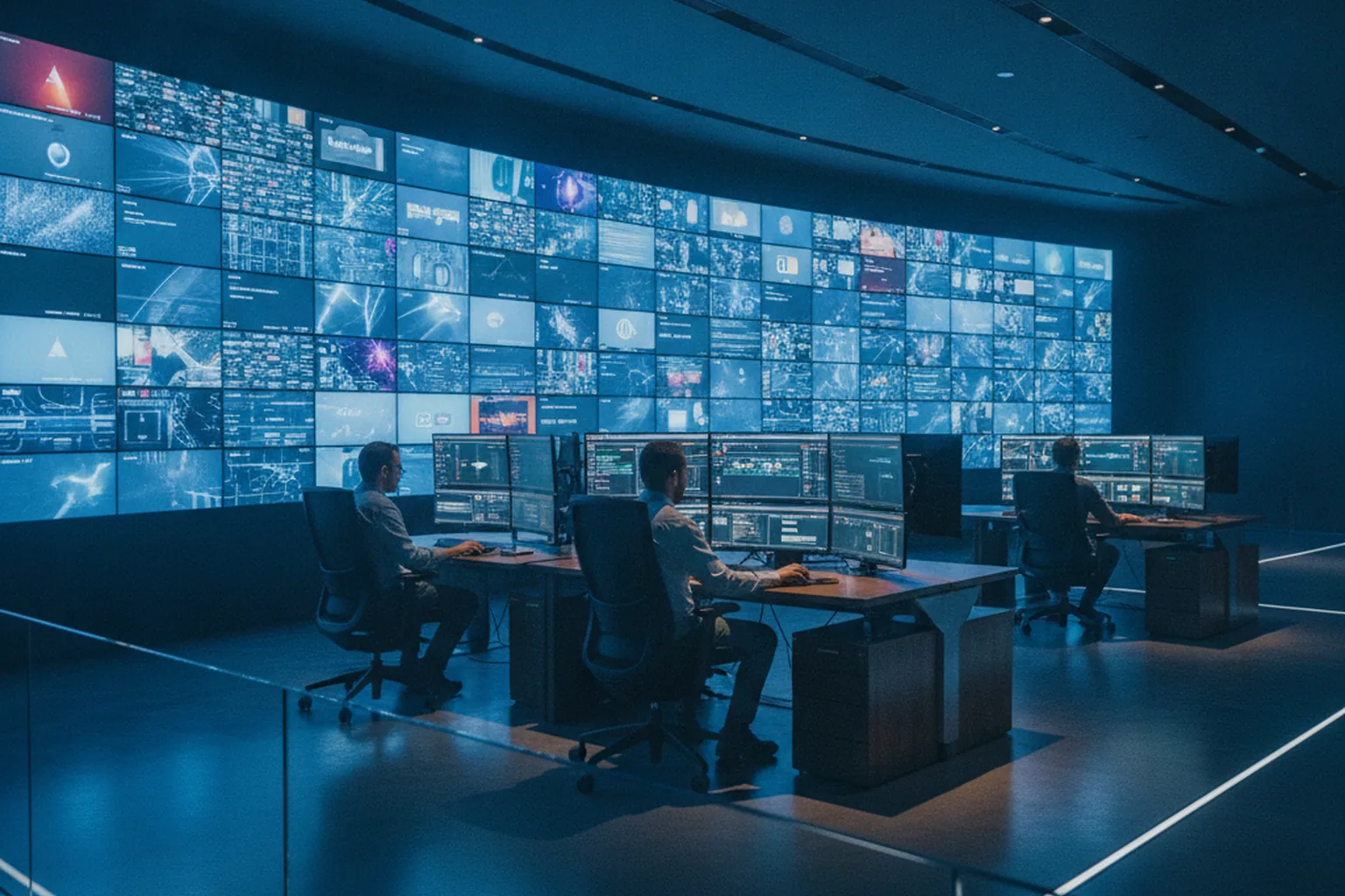 Media streaming control room with a wall of content monitors