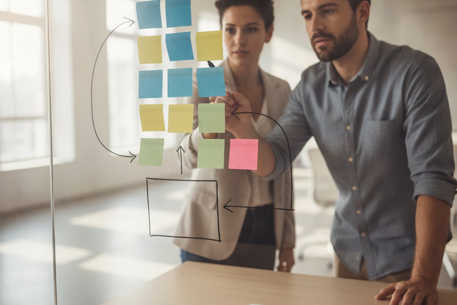 A business analyst and UX designer mapping user flows with colored sticky notes and hand-drawn arrows on a glass wall