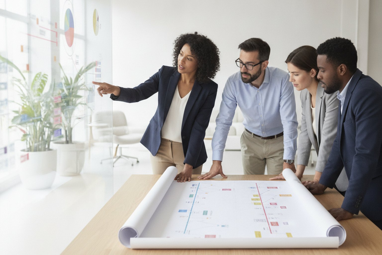 A business team reviewing a phased ERP delivery roadmap and timeline on a table, planning a module-by-module go-live