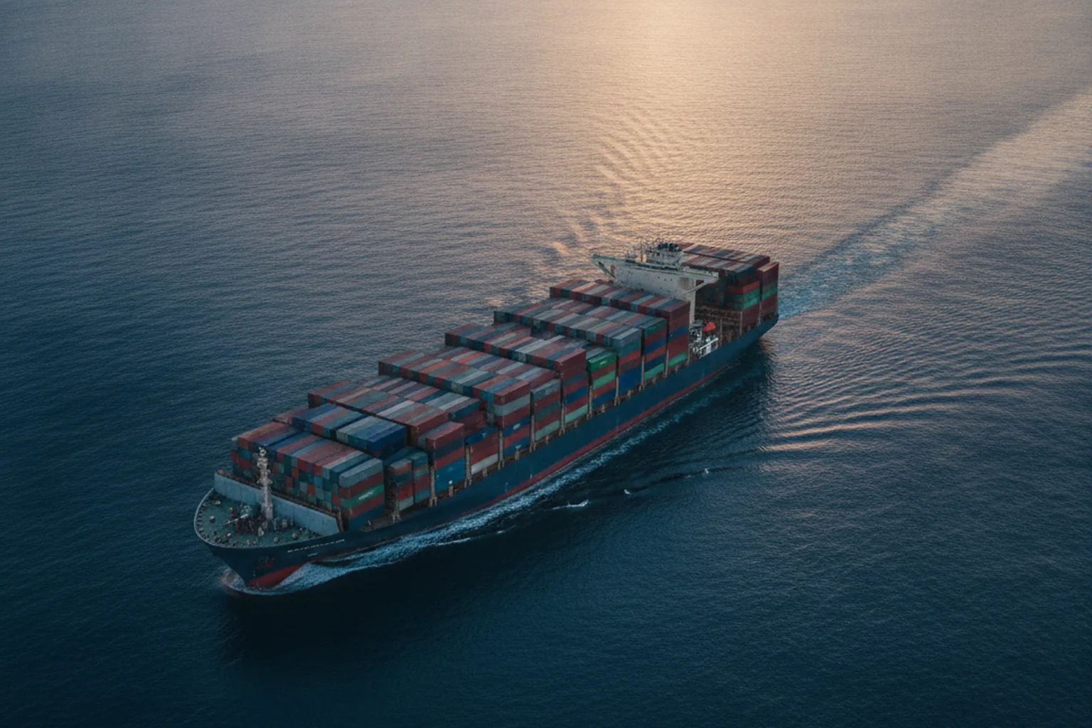 Container ship sailing on the open ocean at dawn