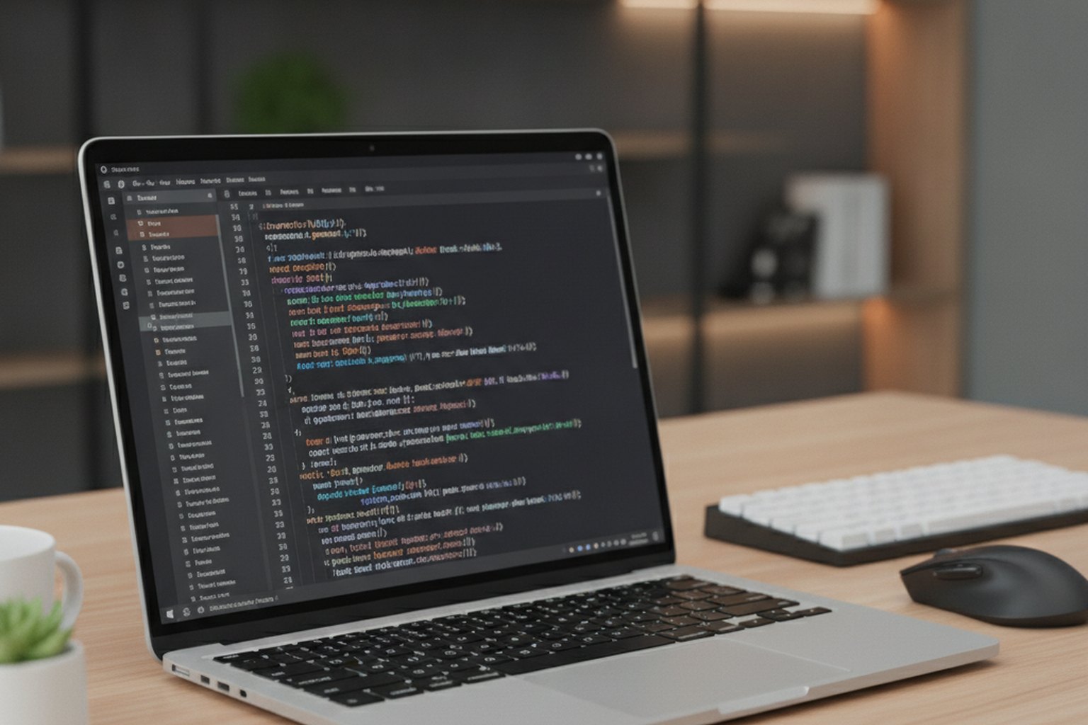Clean, well-indented source code in an editor on a laptop, illustrating readable code and coding standards as a best practice