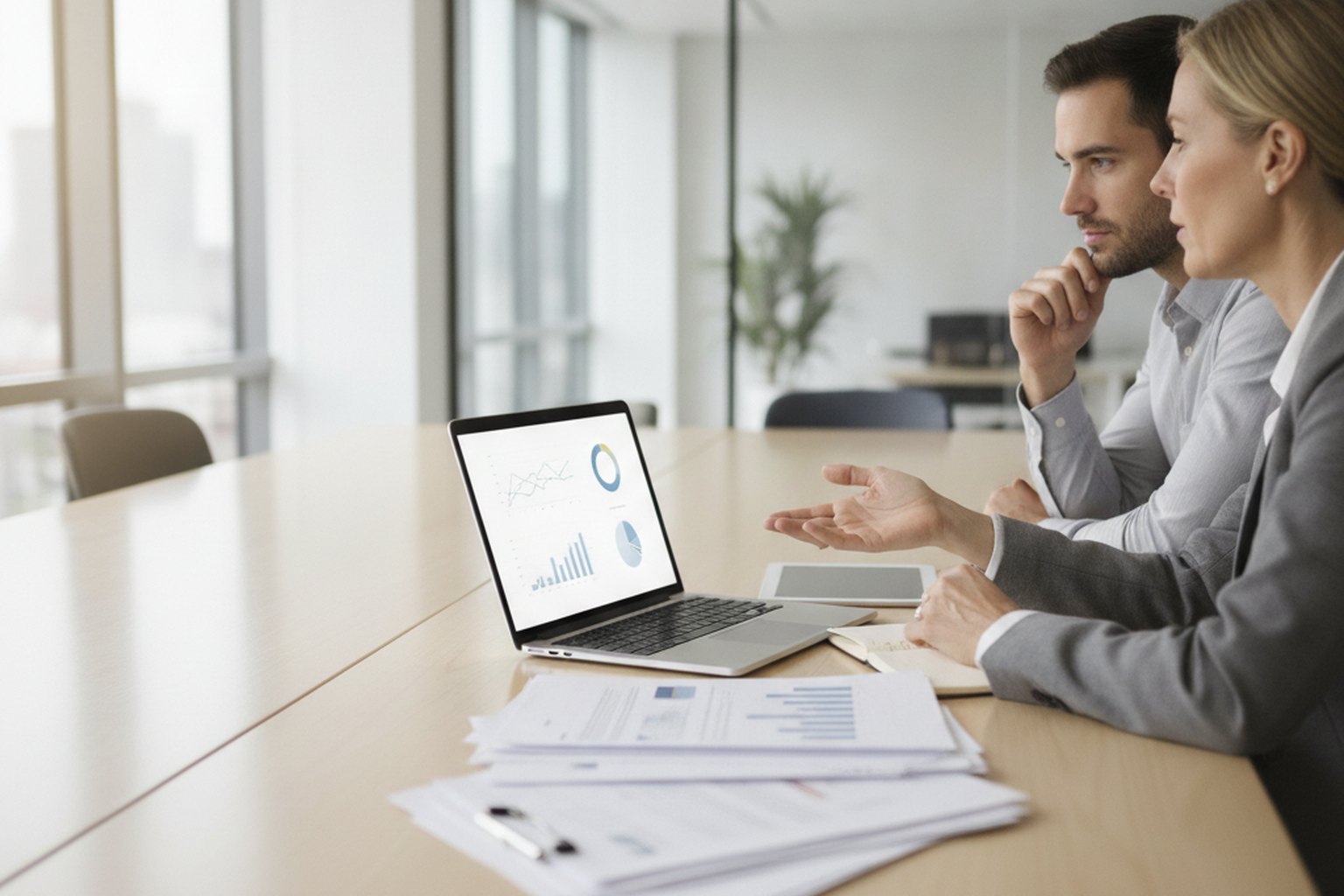A client and an advisor reviewing project deliverables and scope documents at a meeting table before signing a contract