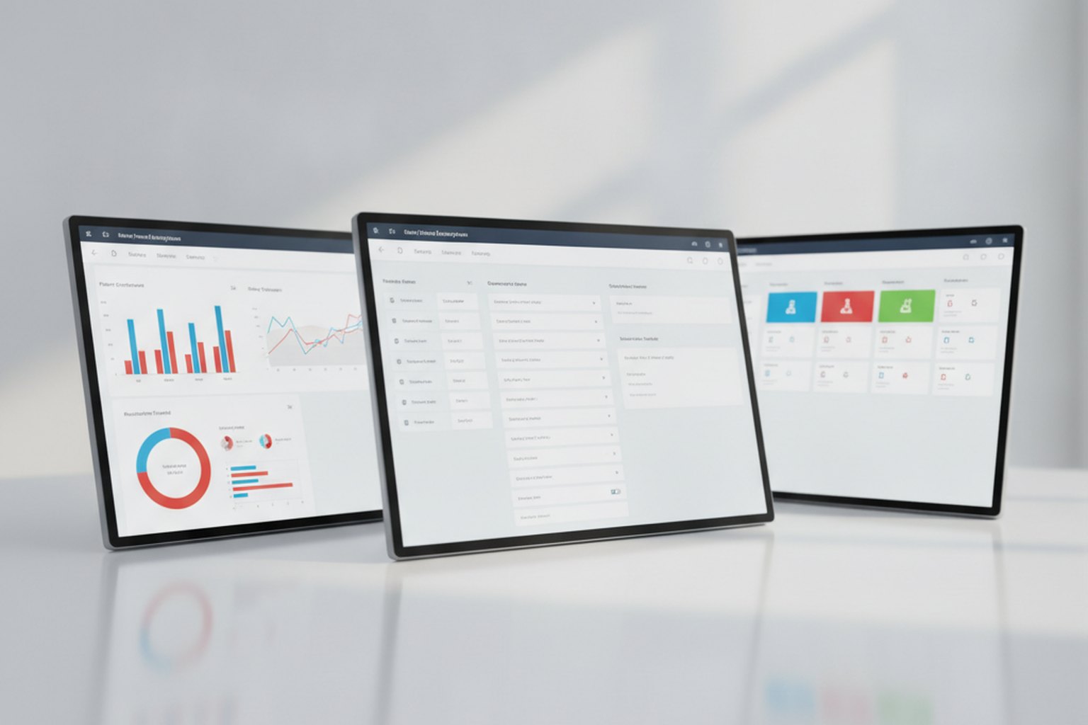 Three pharmaceutical application screens side by side showing a clinical trial management dashboard, an electronic data capture form and a laboratory sample-tracking grid