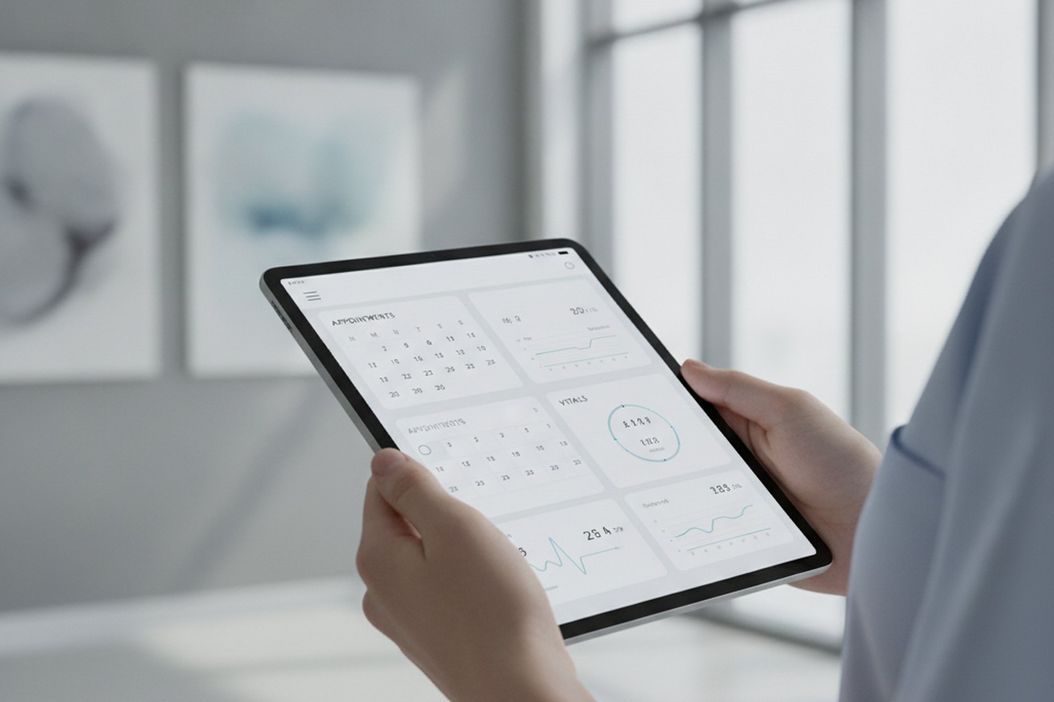 A clinician reviewing a telemedicine patient portal on a tablet, showing appointment scheduling and vitals