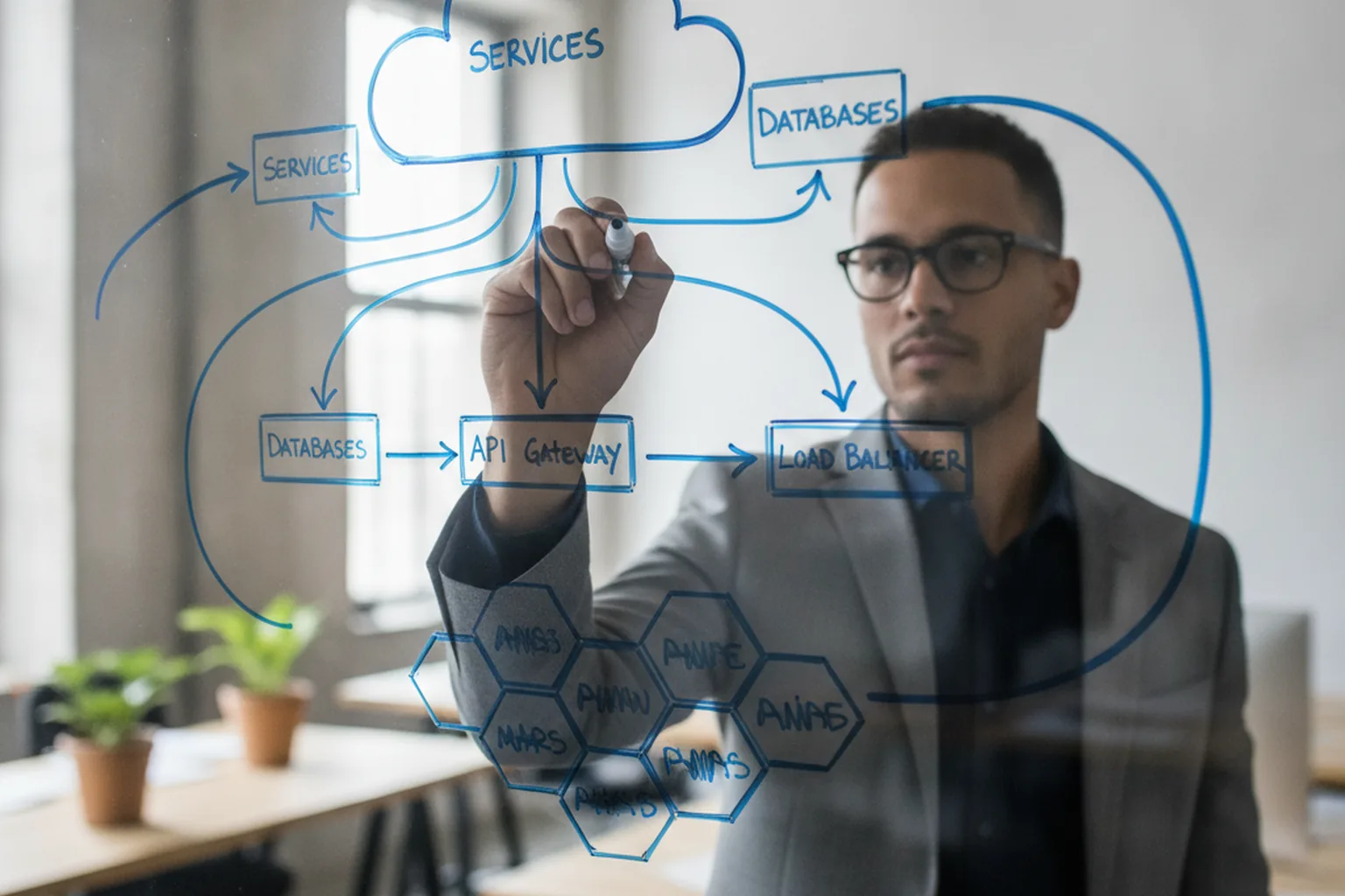 Cloud microservices architecture on a whiteboard