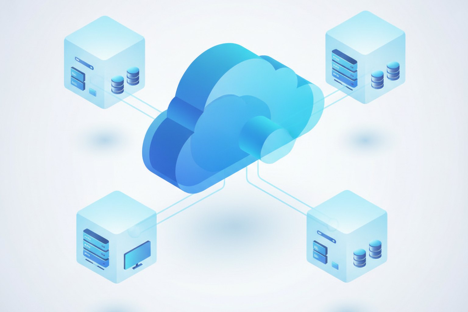 Isometric diagram of a central cloud platform connected to several separate customer tenant boxes with servers and databases, illustrating multi-tenant SaaS architecture