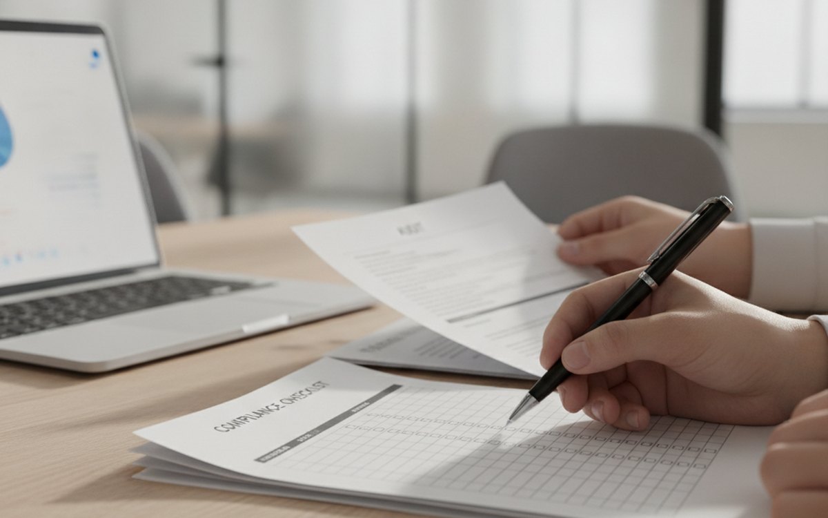A compliance professional reviewing a printed audit checklist with a pen beside a laptop, representing NIST SSDF attestation and evidence