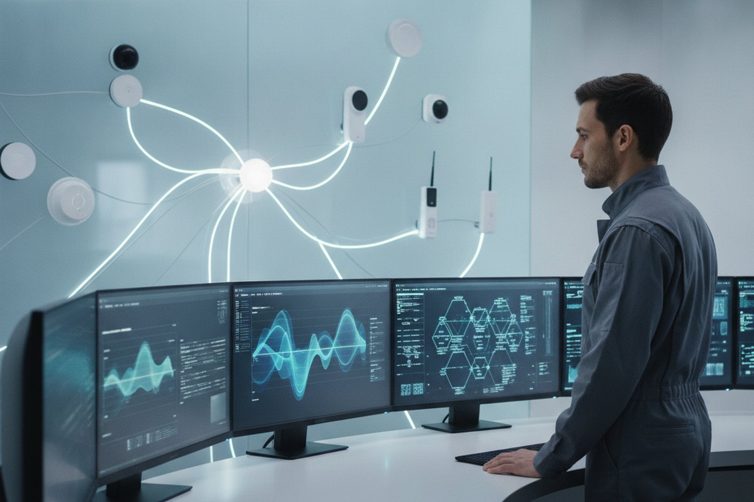 An engineer monitoring a network of connected smart-building devices and sensor data on multiple screens in an operations room