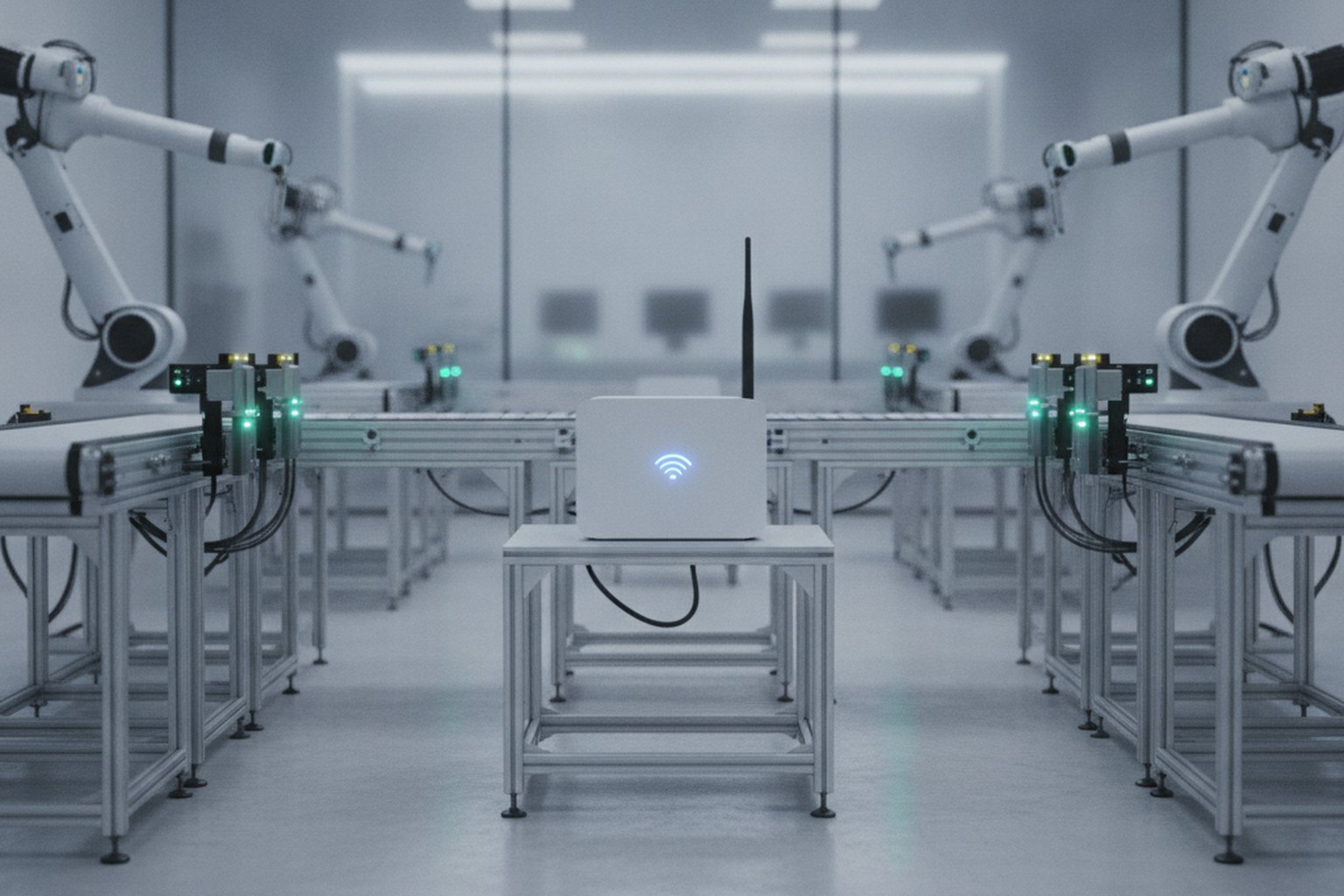 A smart factory floor with connected industrial sensors and a wireless edge gateway linking machines to the cloud
