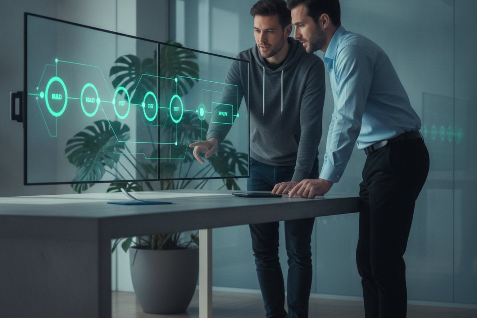 Two engineers reviewing a continuous delivery pipeline with build, test and deploy stages, illustrating the DevOps software development methodology