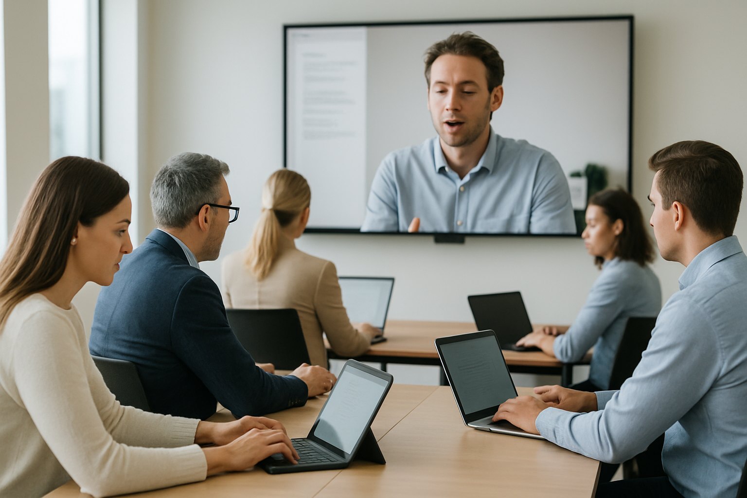 Professionals in a corporate training room taking an online course on laptops and tablets with an instructor on screen, representing a corporate LMS in use