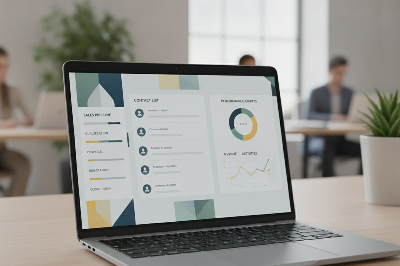 A CRM software dashboard on a laptop showing a sales pipeline, contact list and performance charts
