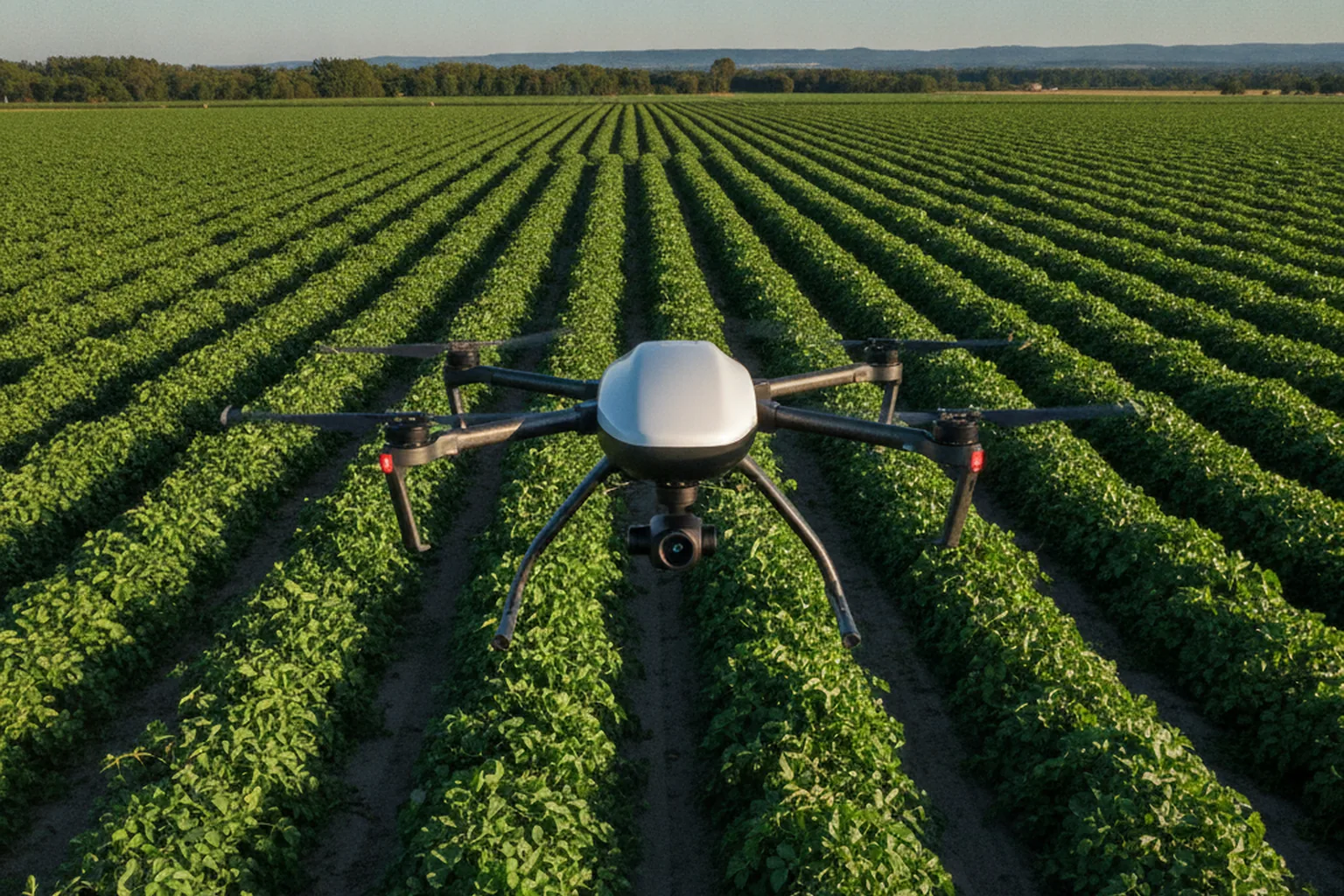 Drone surveying crop health over farmland