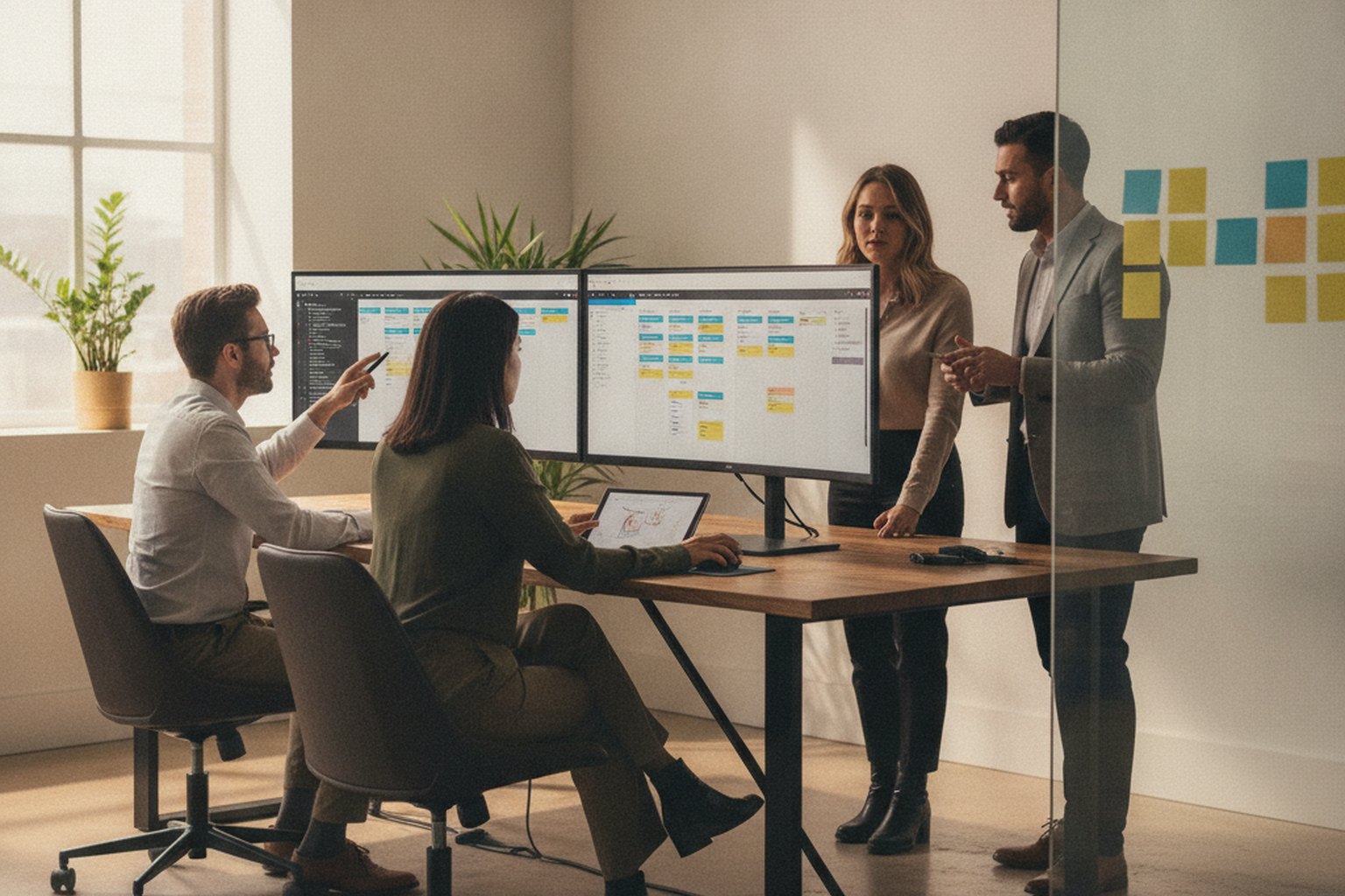 A cross-functional software product team of four — a developer, a designer and a QA engineer around two monitors showing a kanban board, with sticky notes on a glass wall