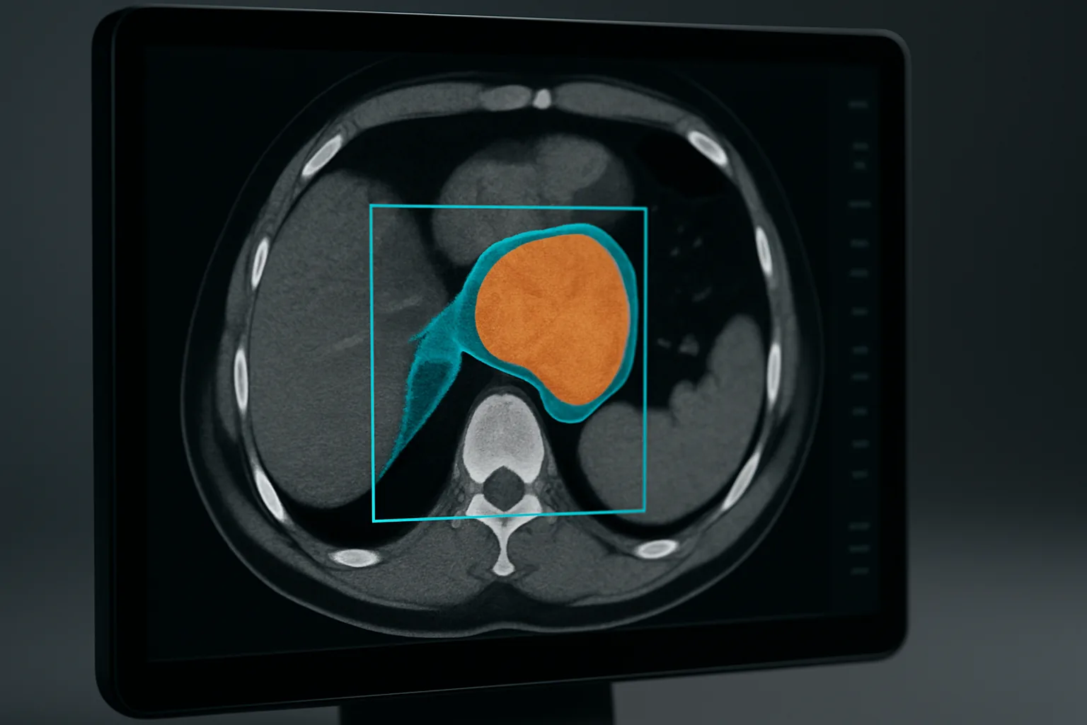 Segmentation and detection overlays on a CT scan in image-analysis software