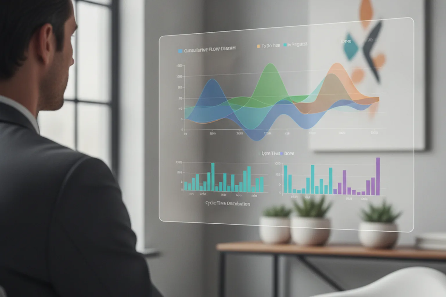 Analyst reviewing a cumulative flow diagram and cycle-time charts on a metrics dashboard