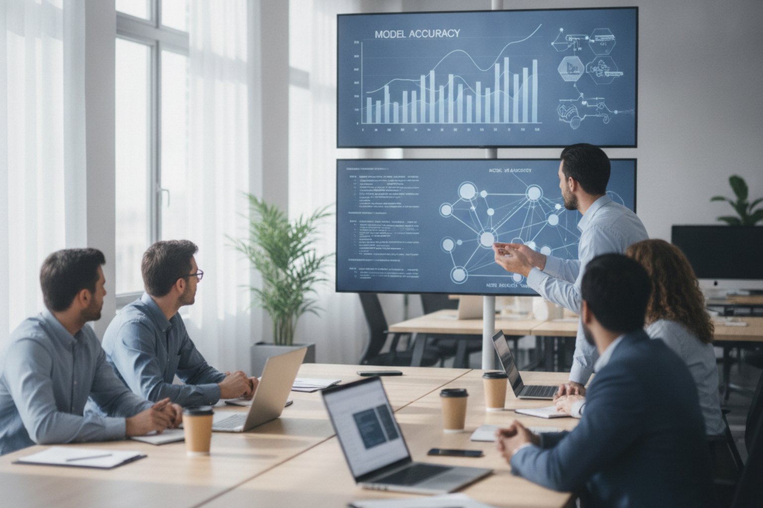 A data science team reviewing model accuracy charts while building a machine learning system