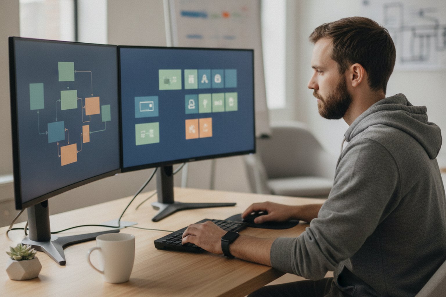 A software developer building an online learning platform on two monitors showing course-builder wireframes and content blocks