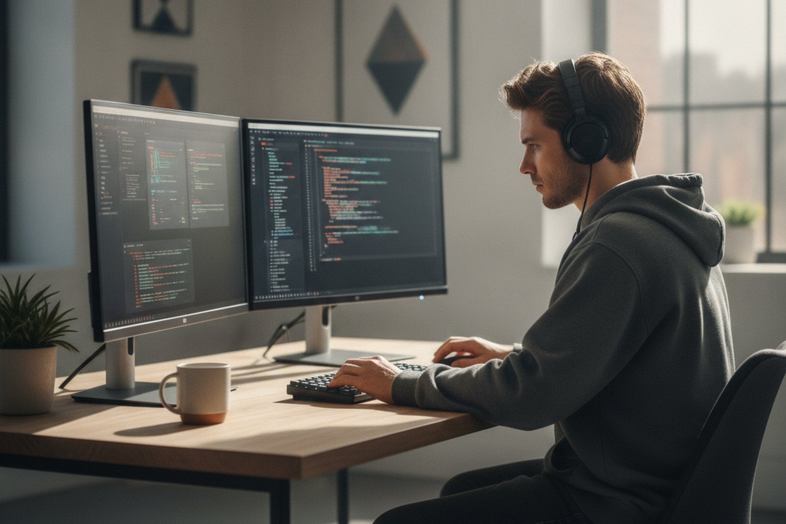 A software developer at a desk with two monitors building a web application, code and interface wireframes on screen