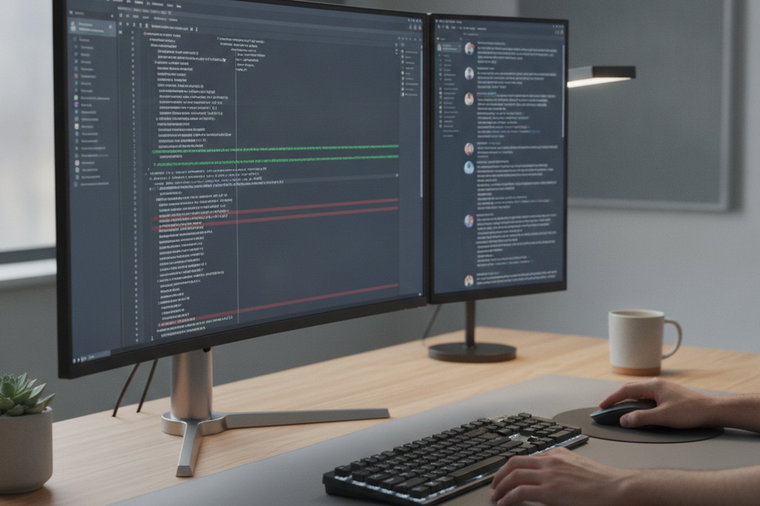 A developer's dual-monitor desk showing a code review with additions and deletions on one screen and a pull-request comment thread on the other