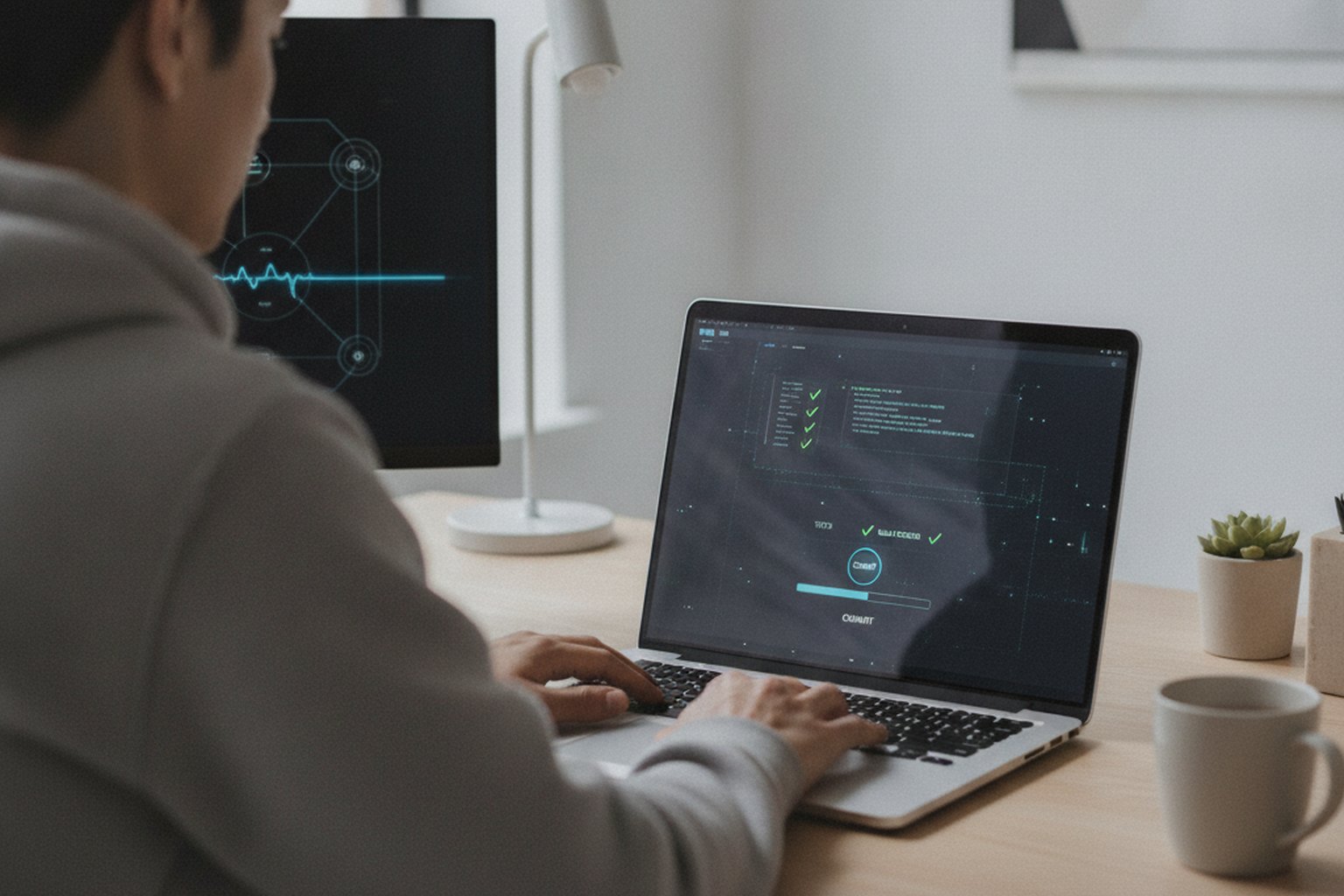 A developer committing code to a shared repository on a laptop while an automated build runs with passing test checkmarks