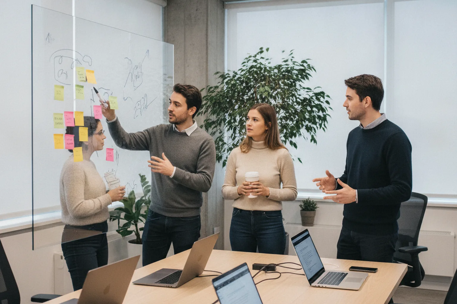Development team in a daily stand-up focused on fast delivery