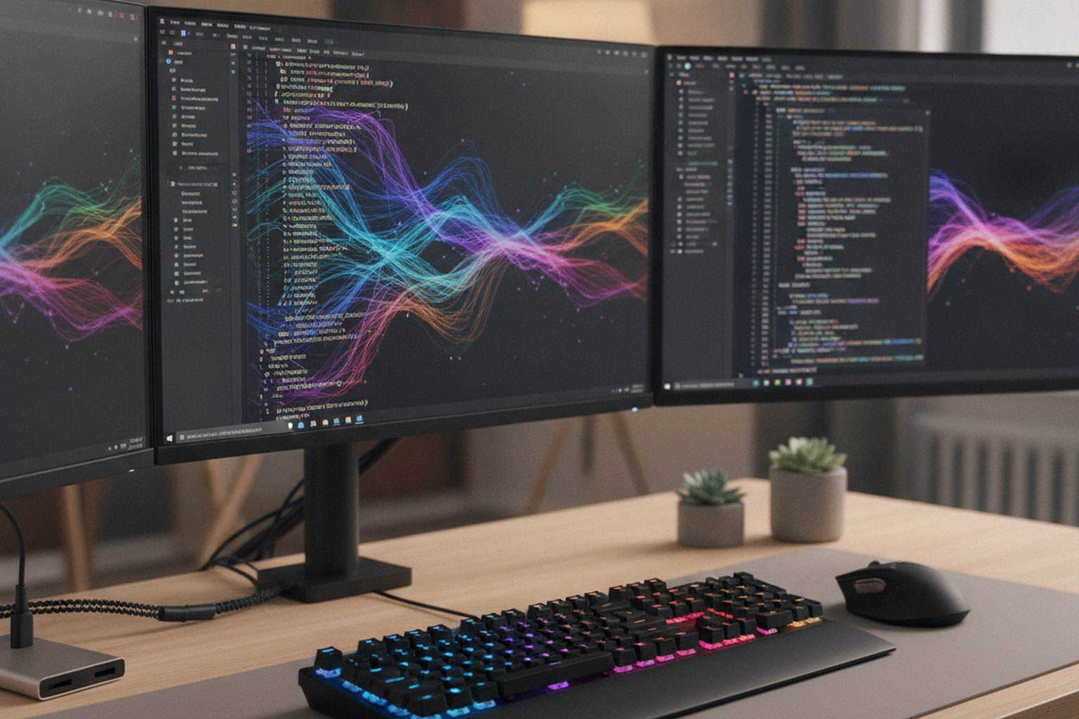 The best software development tools in 2026 — a developer's workstation with three monitors showing code in an editor