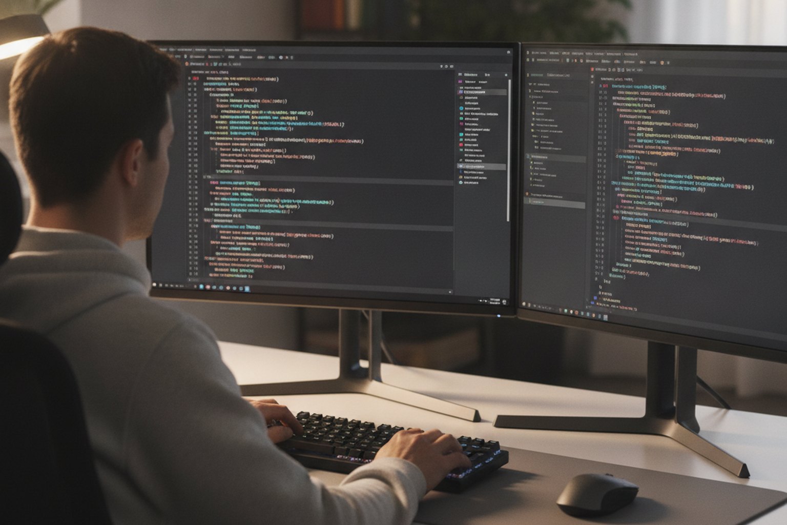 AI software development — a developer coding at a dual-monitor workstation with code suggestions