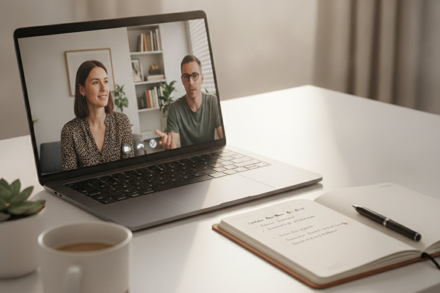 A laptop on a clean desk showing a remote video interview between a hiring manager and a software developer candidate, with a notebook of evaluation notes beside it