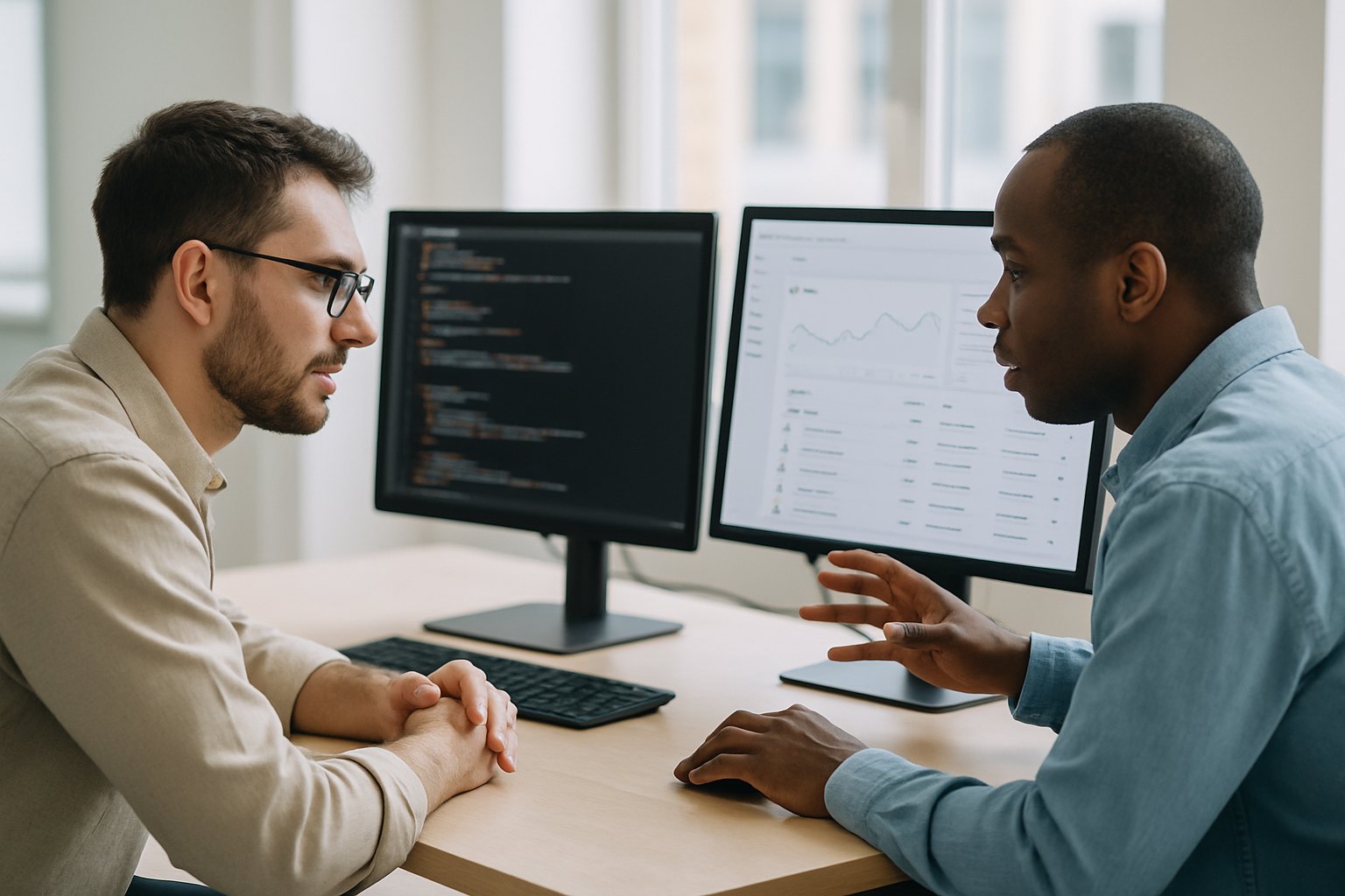 Two software engineers at a desk with two monitors, one showing generic code and one showing an online store admin dashboard with sales charts, building ecommerce software