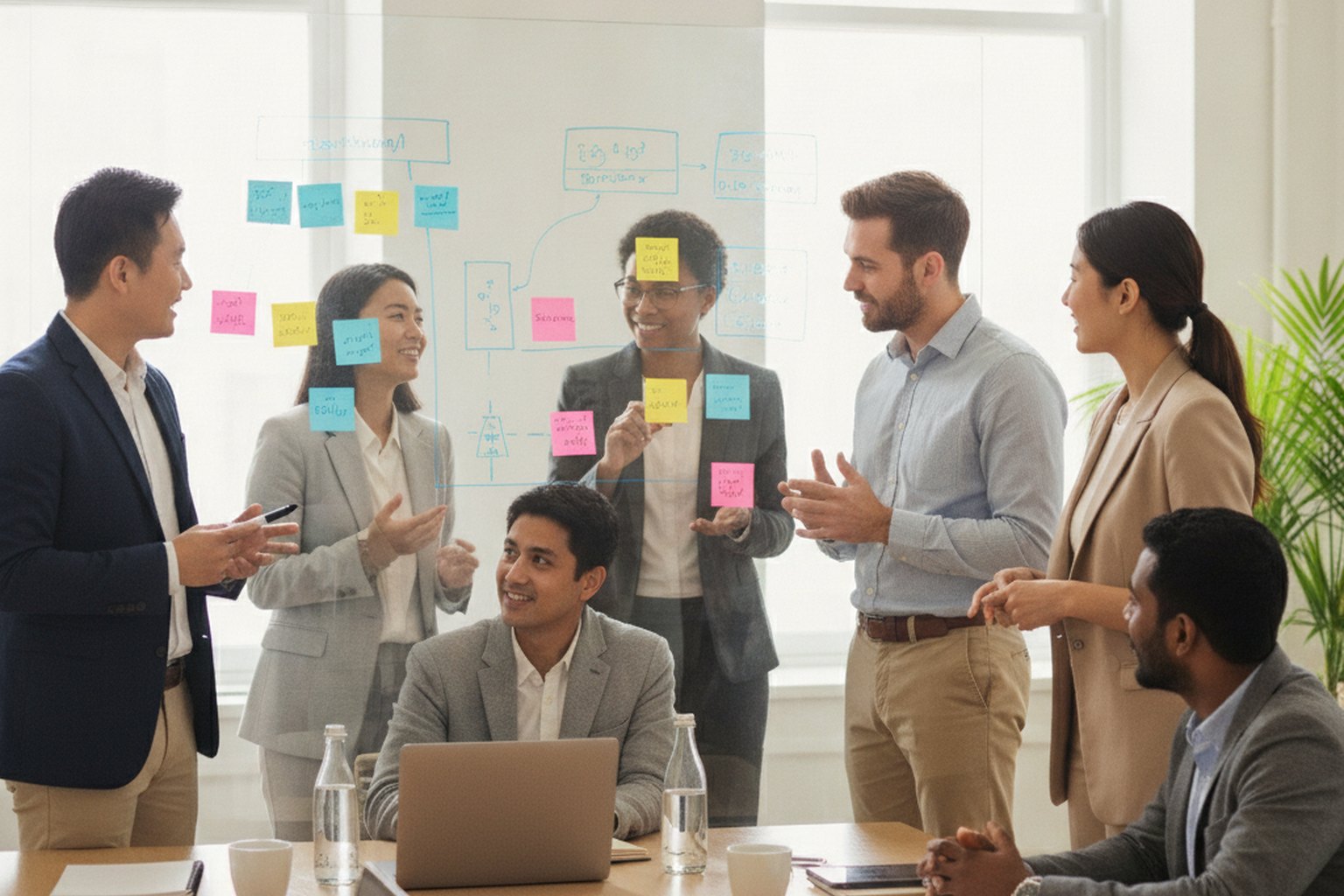 A software development team planning a project at a whiteboard covered in sticky notes and system diagrams