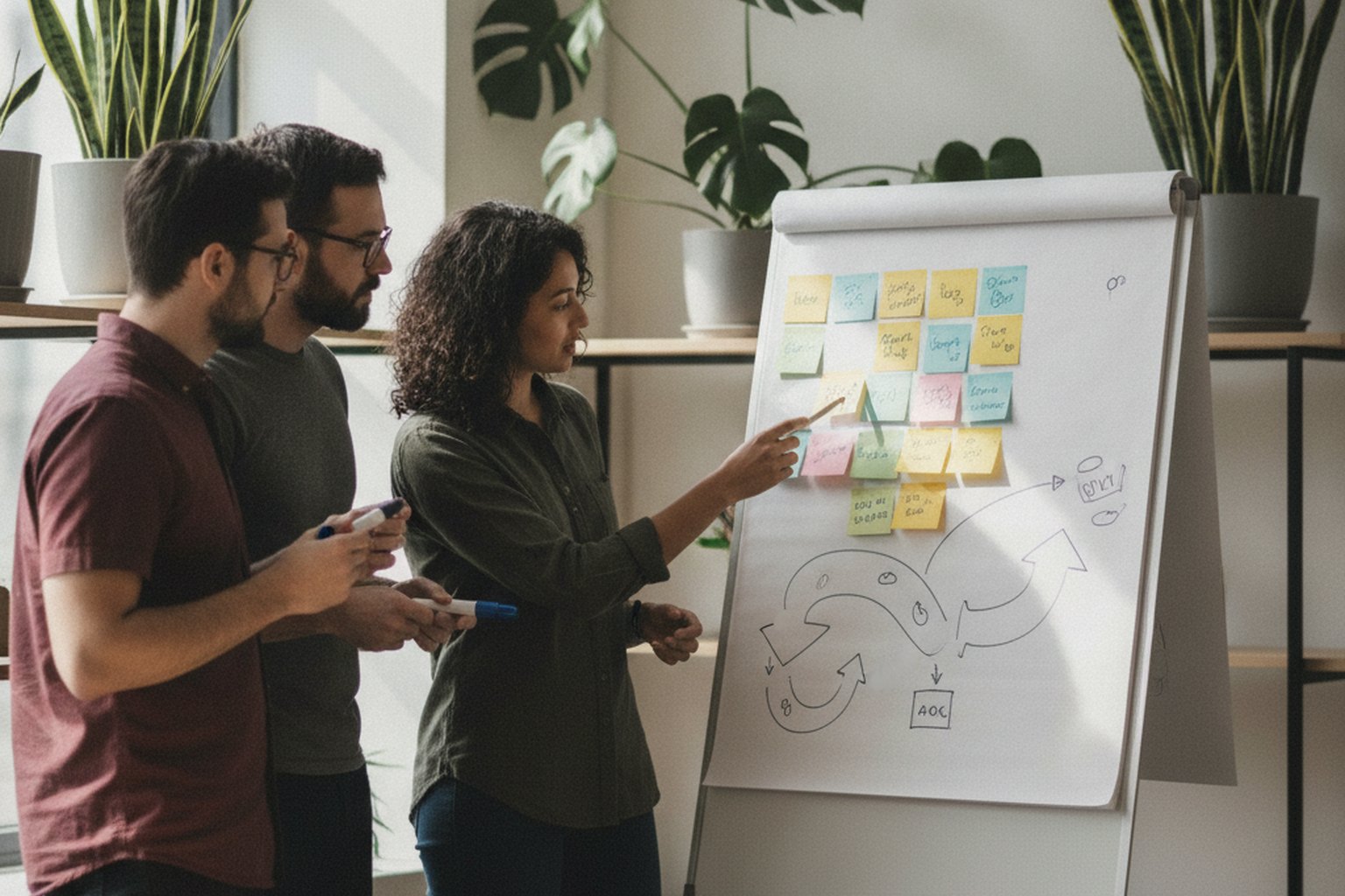 Three members of a software team planning at a flip chart covered in colourful sticky notes and a hand-drawn workflow diagram in a bright office