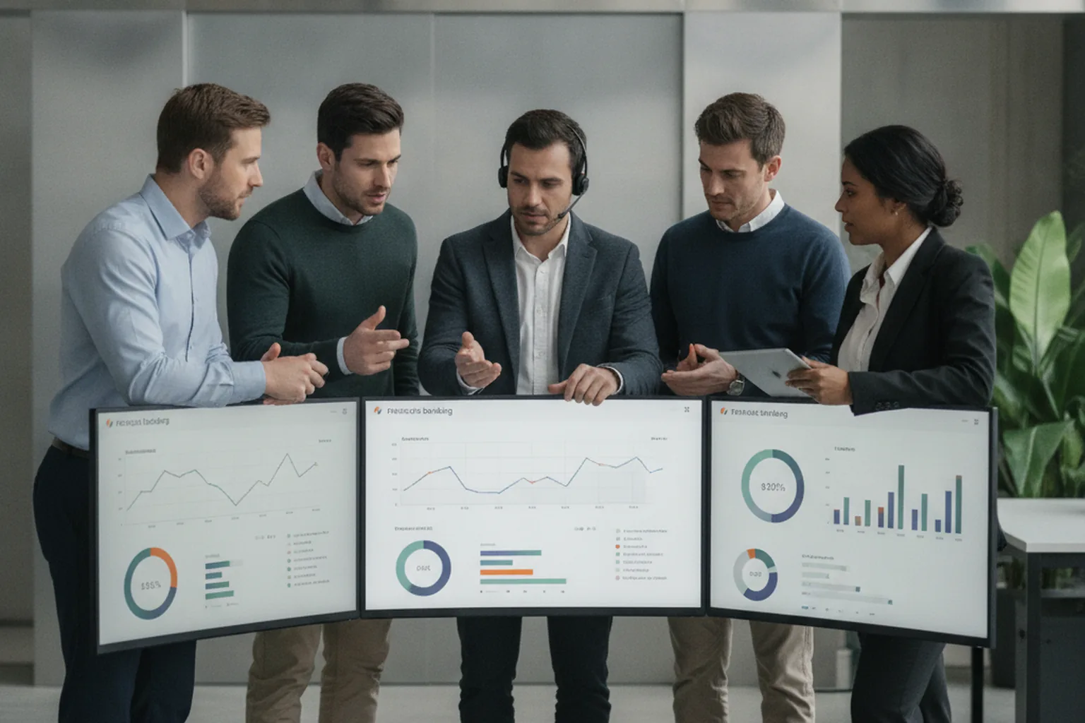 Team reviewing a digital banking platform dashboard