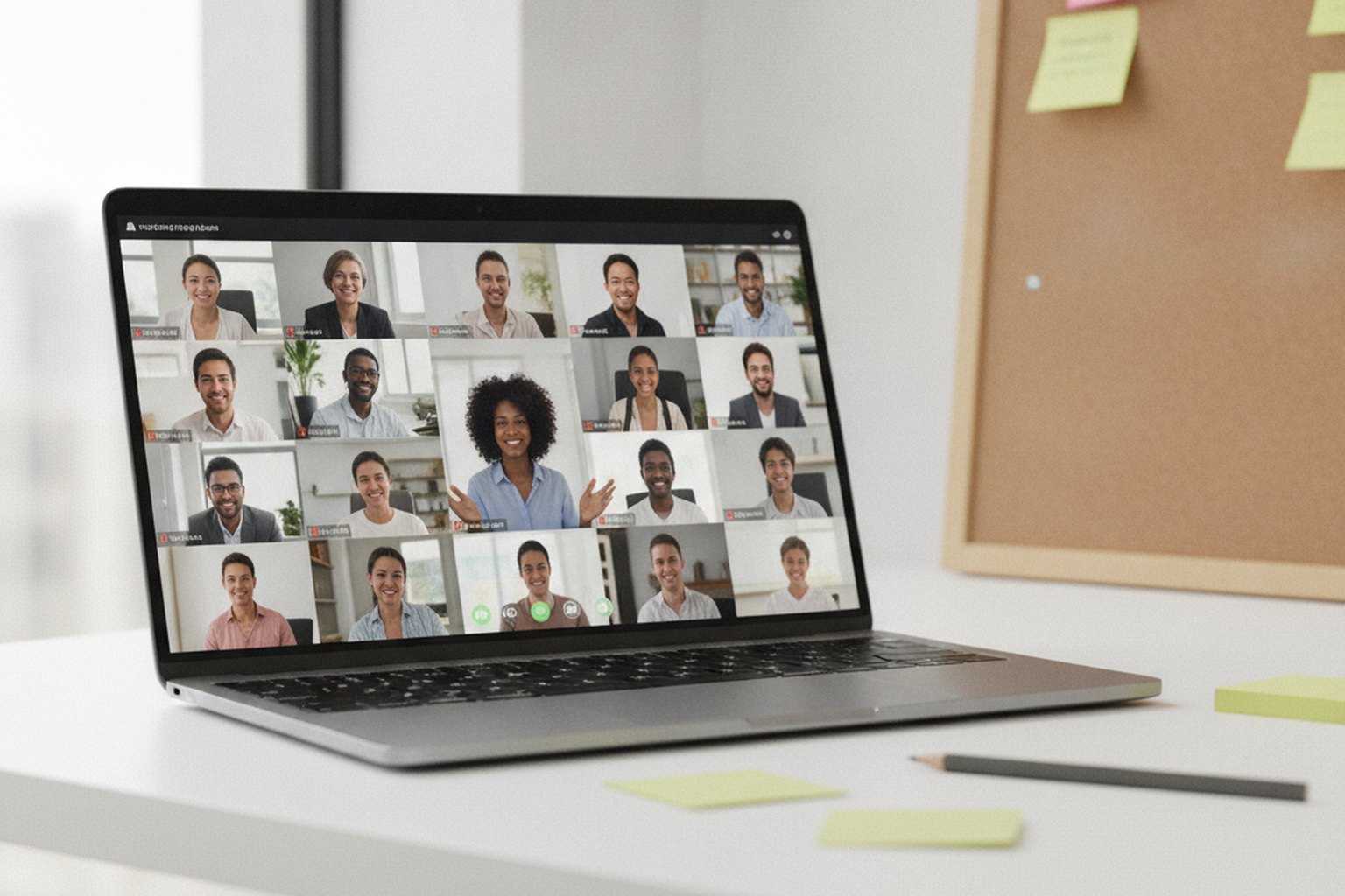 A laptop showing a distributed engineering team video standup with a grid of remote colleagues, next to a board of sticky notes on a desk