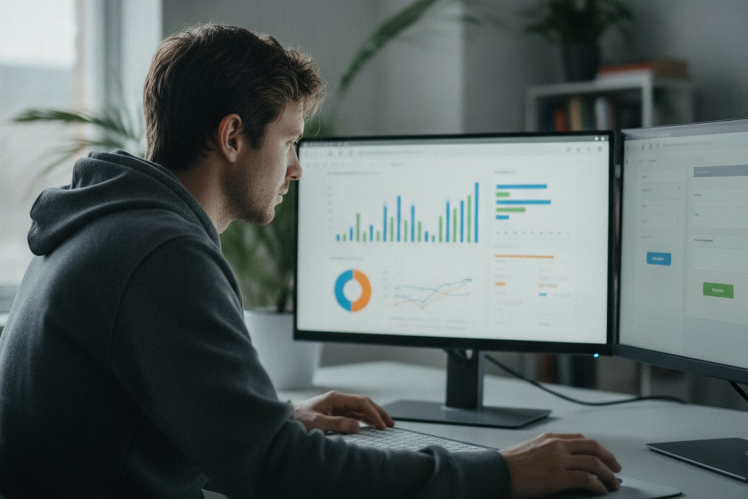 A developer reviewing an early-stage product dashboard with charts and a simple web app interface on a dual-monitor workspace
