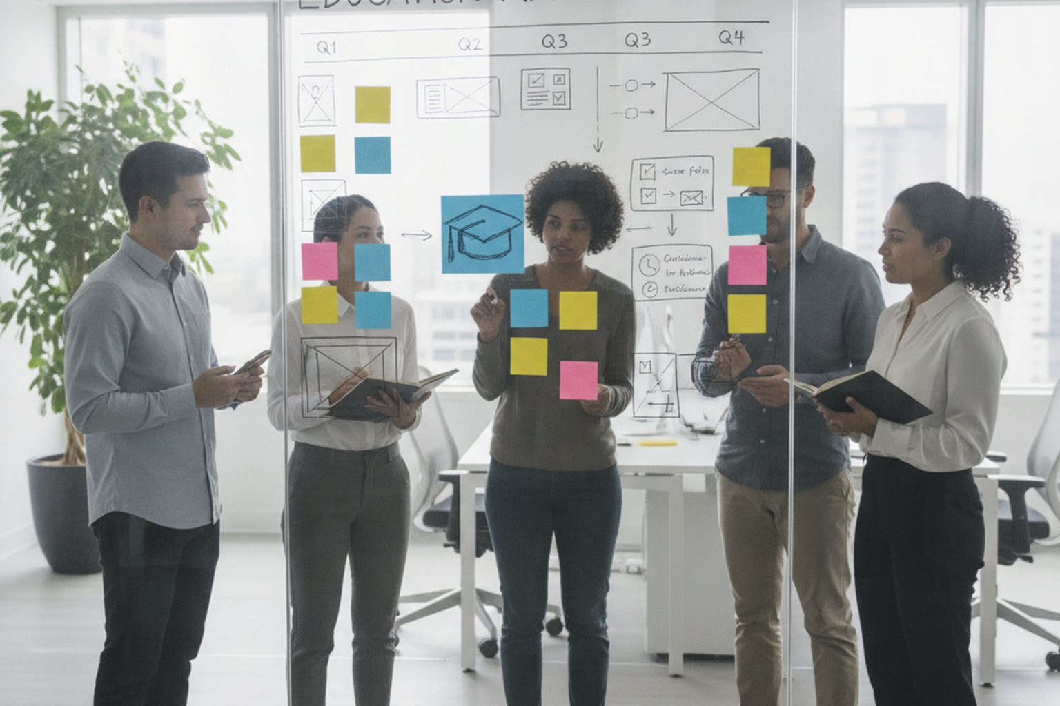 A diverse product team planning an education app roadmap with wireframes and sticky notes on a glass wall, mapping a phased learning-platform build