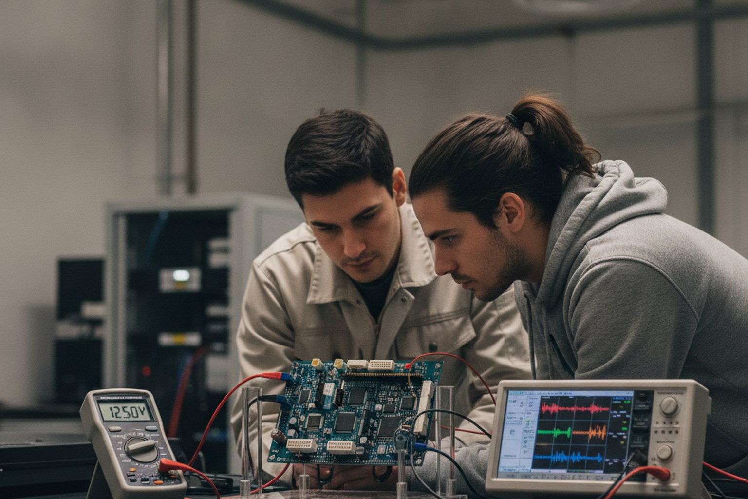 Two engineers testing an embedded hardware prototype board connected to a multimeter and a logic analyzer on a lab bench