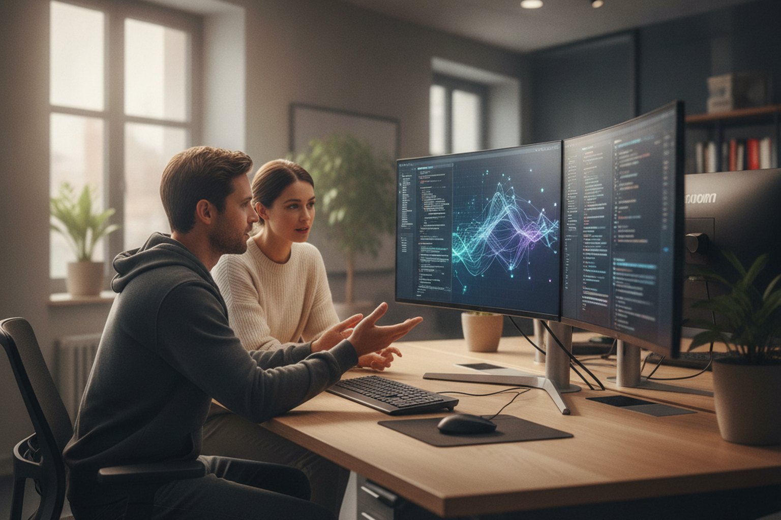 Two software engineers building a generative AI application at a workstation showing data-flow visualizations and code