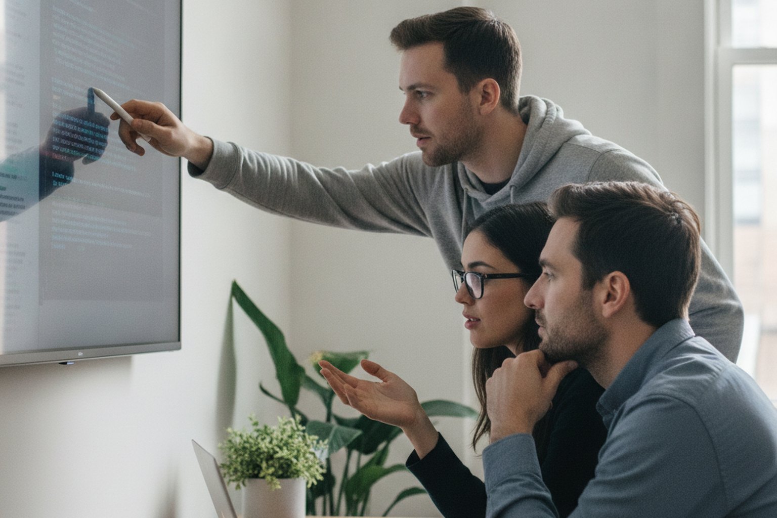 Three engineers reviewing code together on a wall-mounted screen, illustrating human review of AI-assisted changes in software development