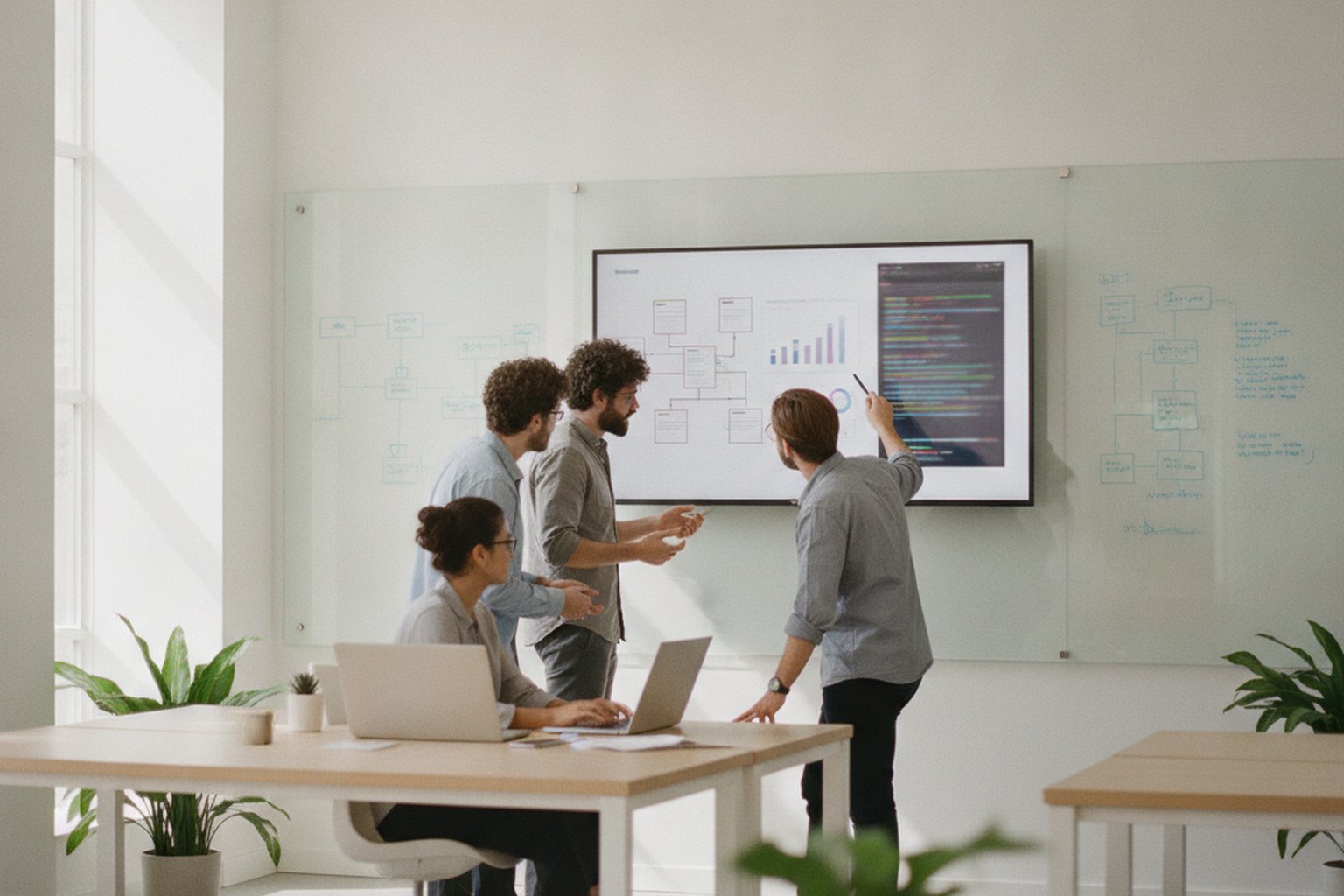 A software engineering team running a technical feasibility test for a new software idea on a screen of architecture diagrams and code
