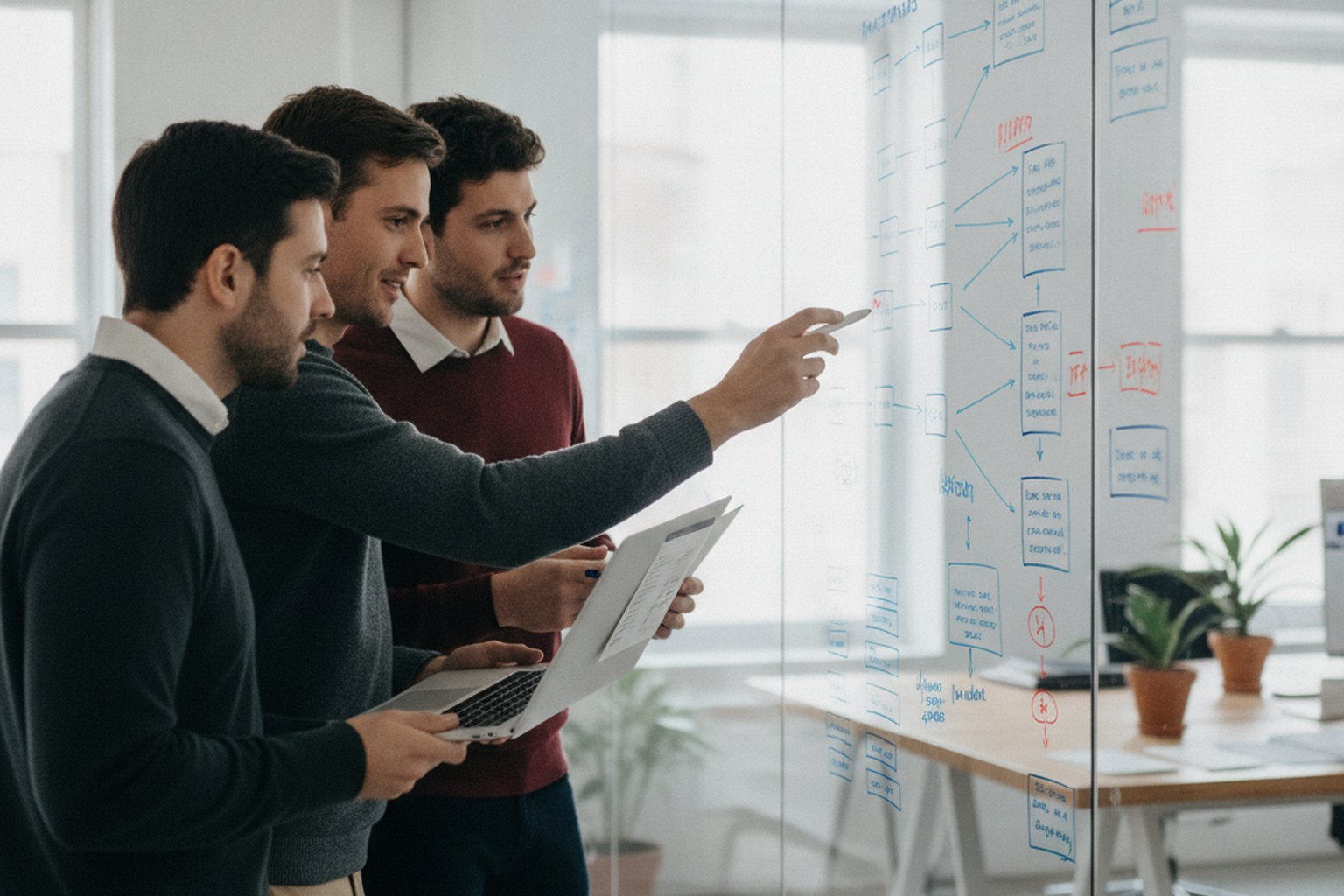 A team of software engineers collaborating around a laptop and a whiteboard of architecture diagrams, representing DevOps and delivery tooling decisions