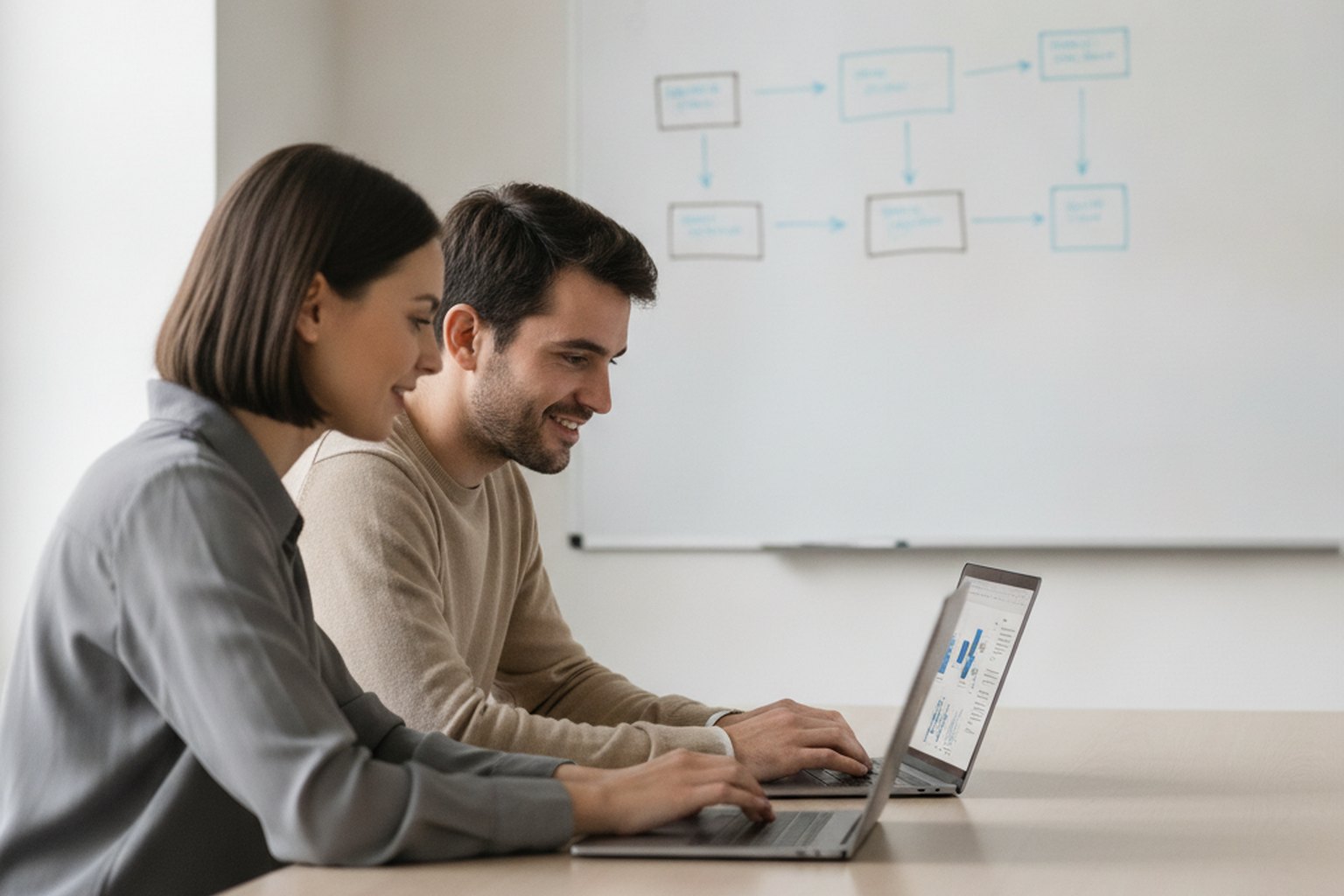 Two engineers reviewing a training dataset on a laptop with a workflow diagram on a whiteboard behind them