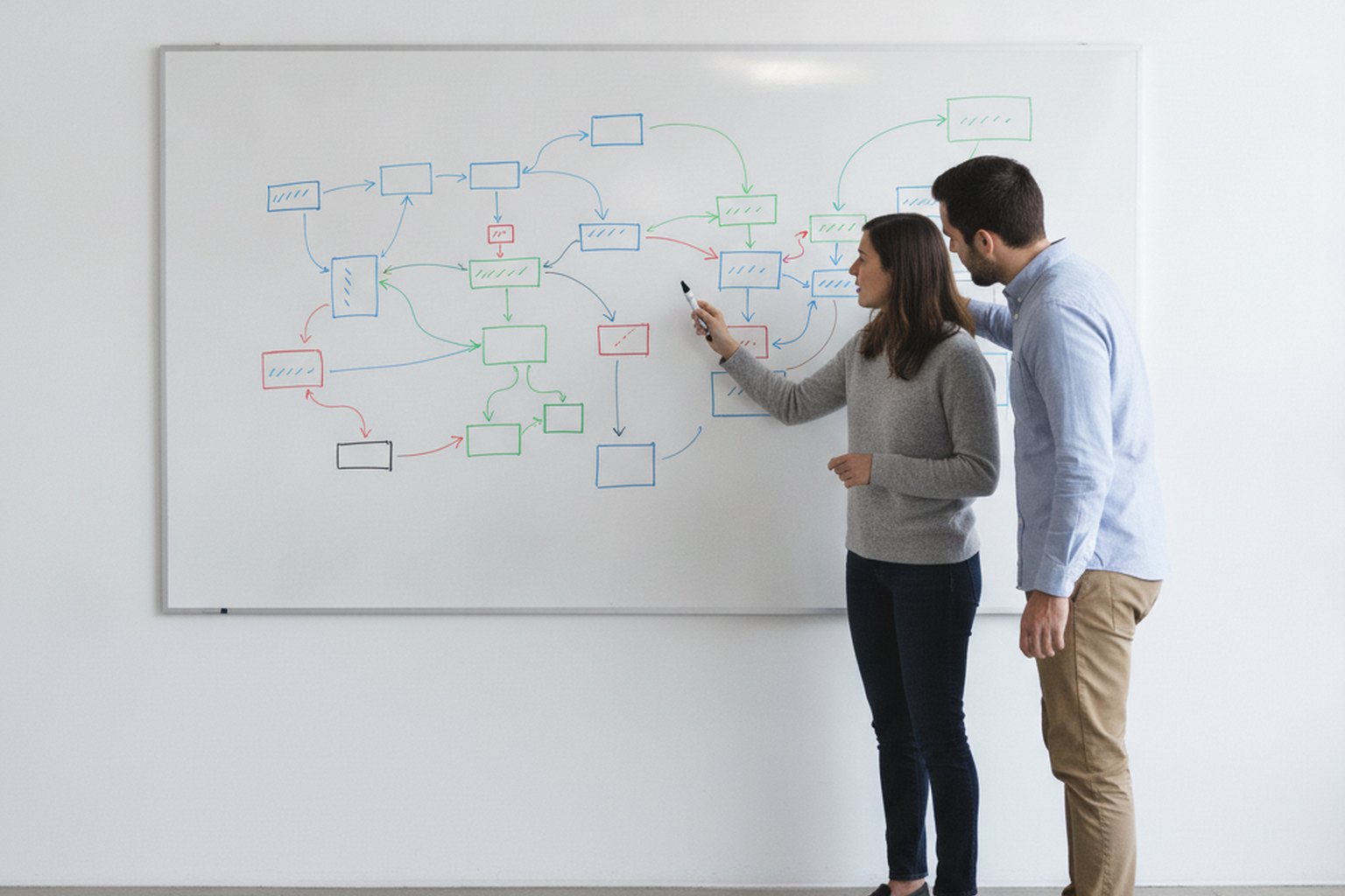 Two engineers mapping a system flow on a whiteboard to scope and estimate a software project before building
