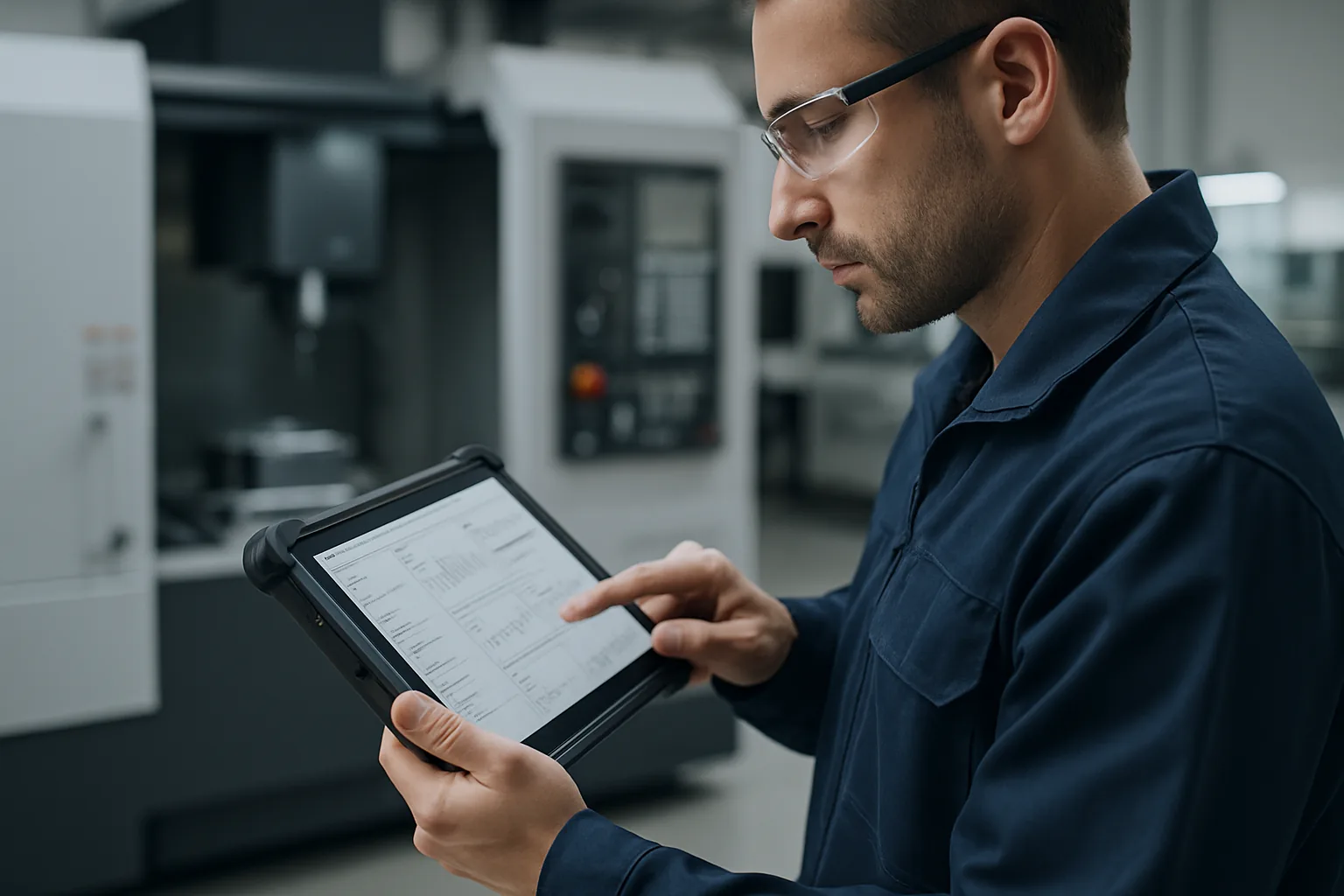 Operator checking real-time shop-floor data on a tablet (MES concept)