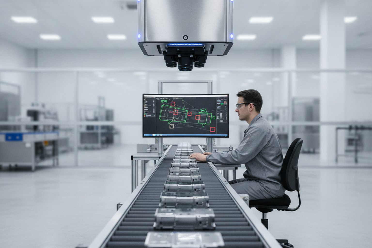 An overhead industrial camera inspecting parts on a factory conveyor while an engineer watches an object-detection screen